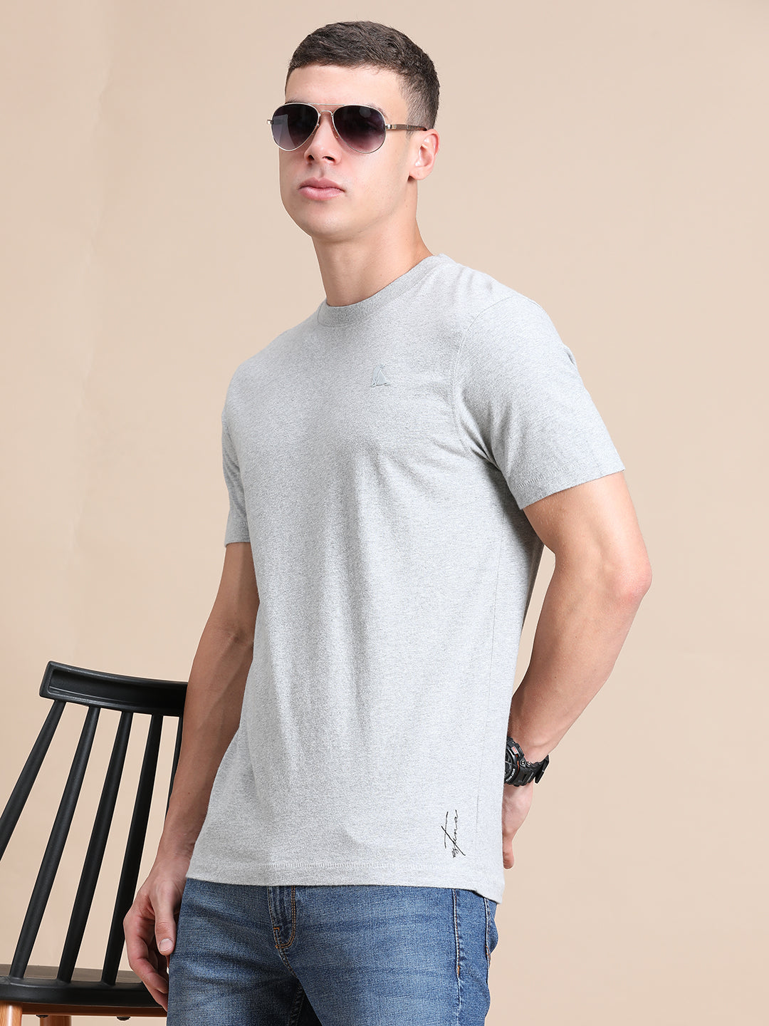 Melange Cotton Crew Neck Logo T-Shirt For Men