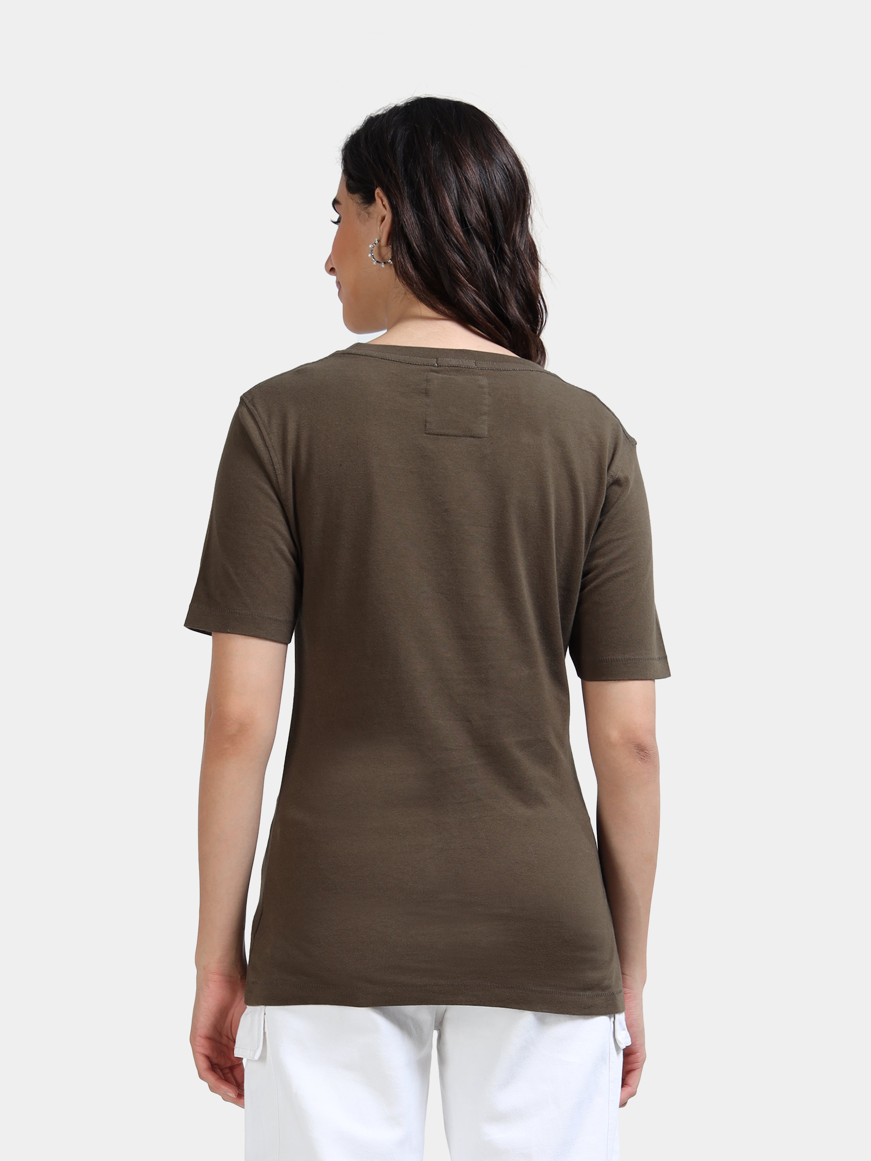 Olive Green Cotton Crew Neck Printed T-Shirt For Women