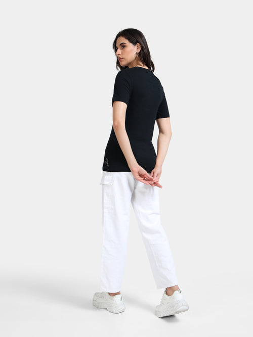 Black Cotton Crew Neck Printed T-Shirt For Women