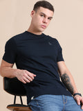 Navy Blue Cotton Crew Neck Logo T-Shirt For Men