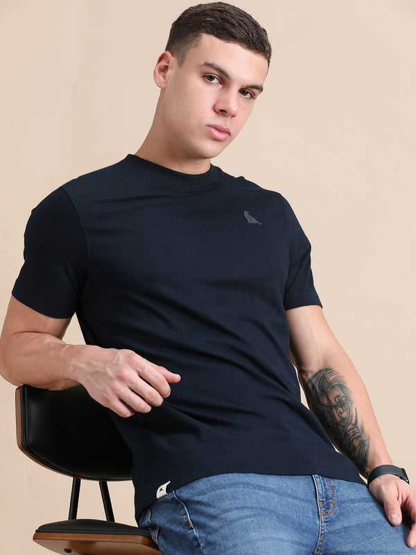 Navy Blue Cotton Crew Neck Logo T-Shirt For Men