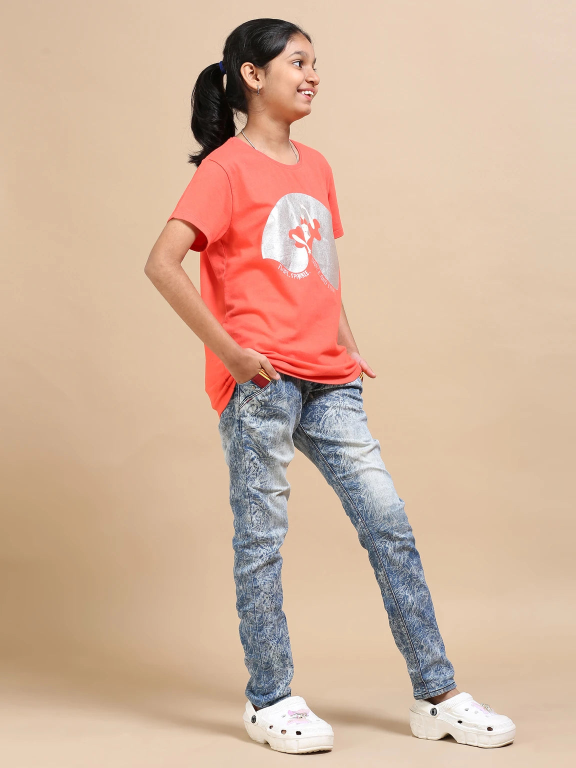 Coral 100% Cotton Crew Neck Girl's T Shirt