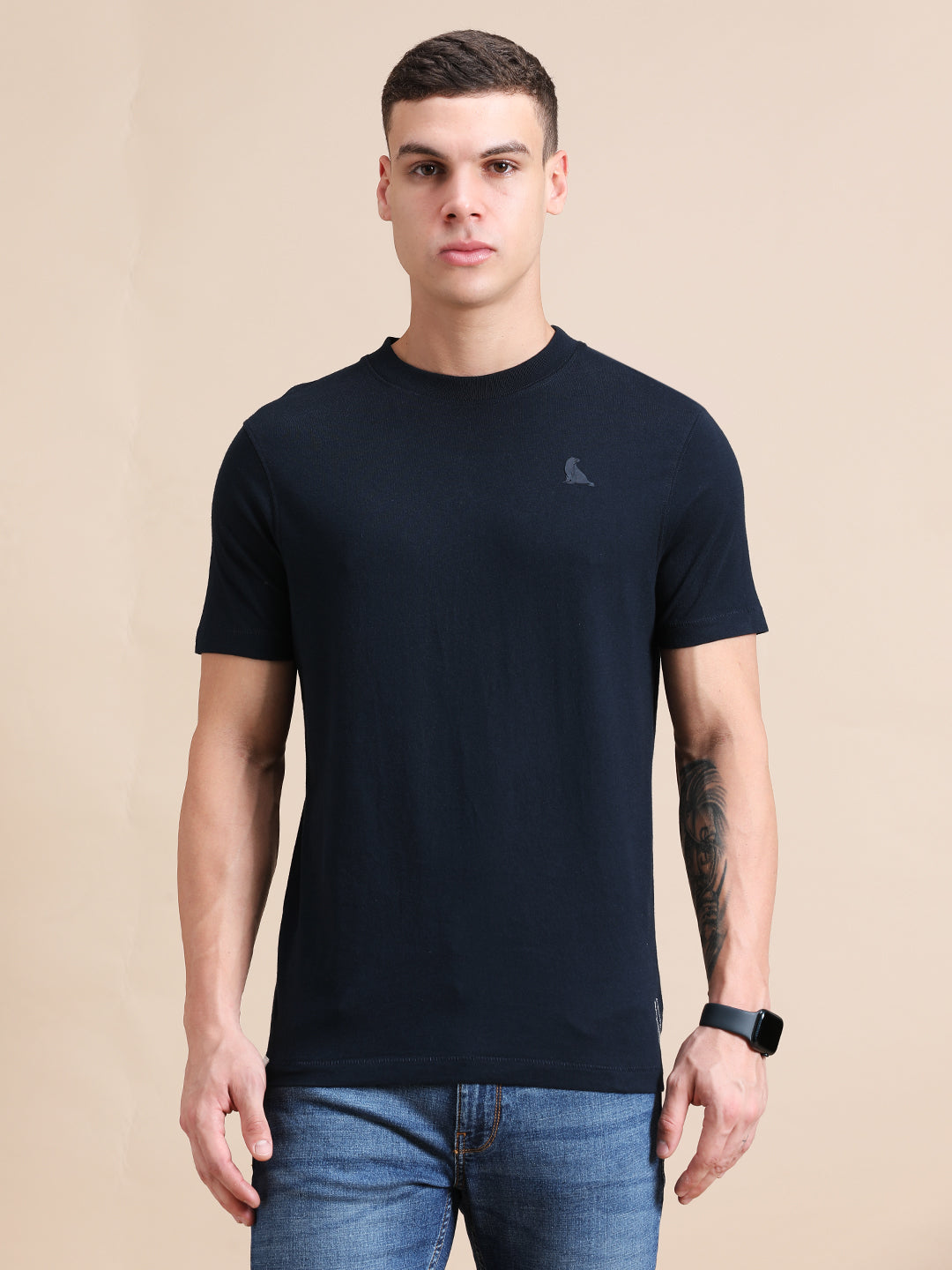Navy Blue Cotton Crew Neck Logo T-Shirt For Men