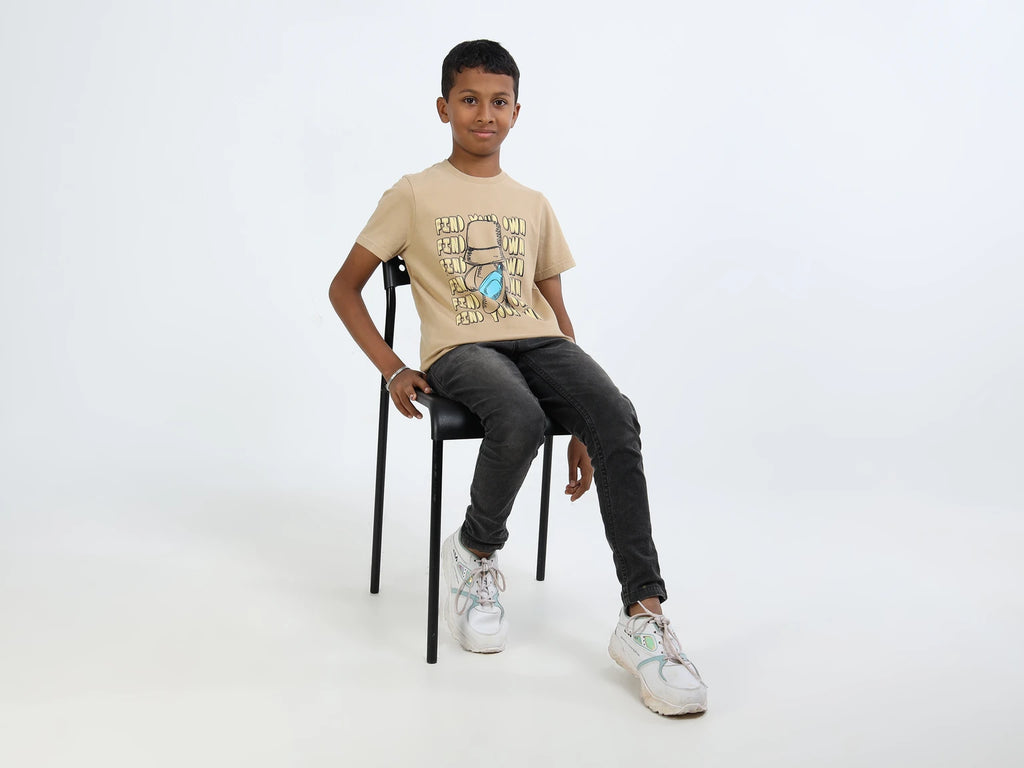 Beige 100% Cotton Crew Neck Boy's T Shirt