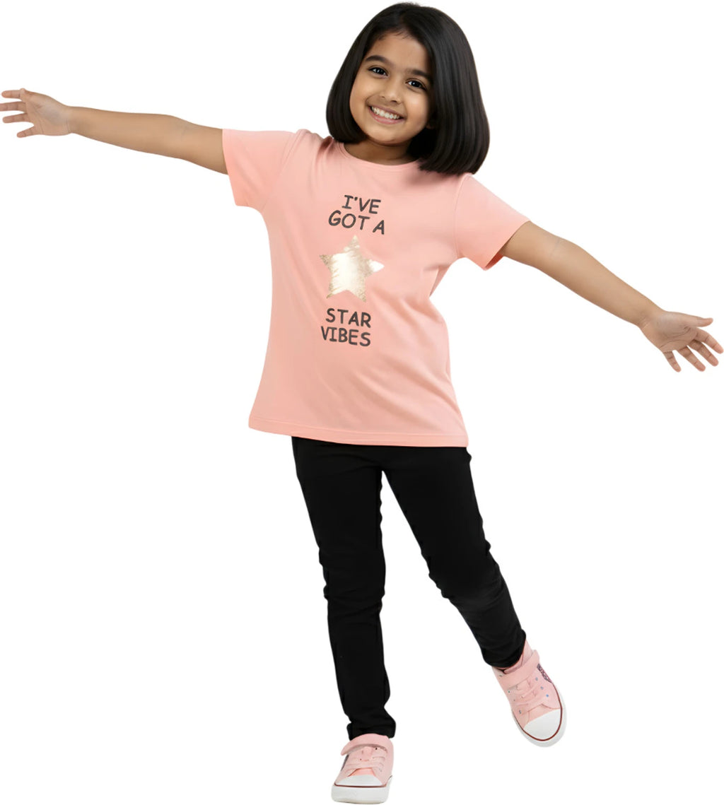 Peach 100% Cotton Crew Neck Girl's T Shirt