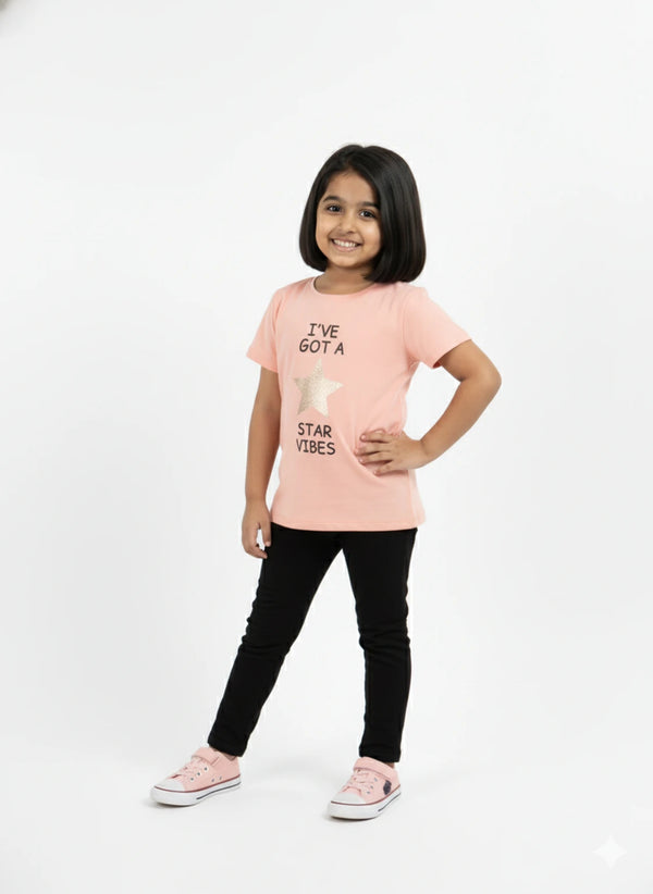 Peach 100% Cotton Crew Neck Girl's T Shirt