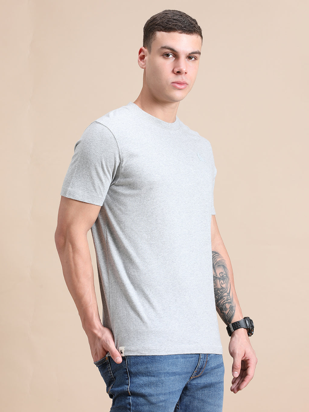 Melange Cotton Crew Neck Logo T-Shirt For Men