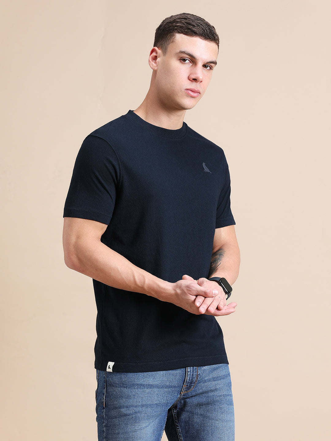 Navy Blue Cotton Crew Neck Logo T-Shirt For Men