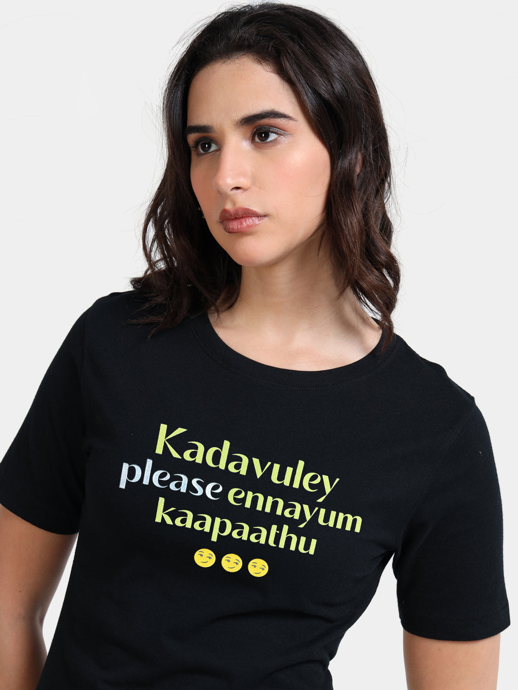 Black Cotton Crew Neck Printed T-Shirt For Women