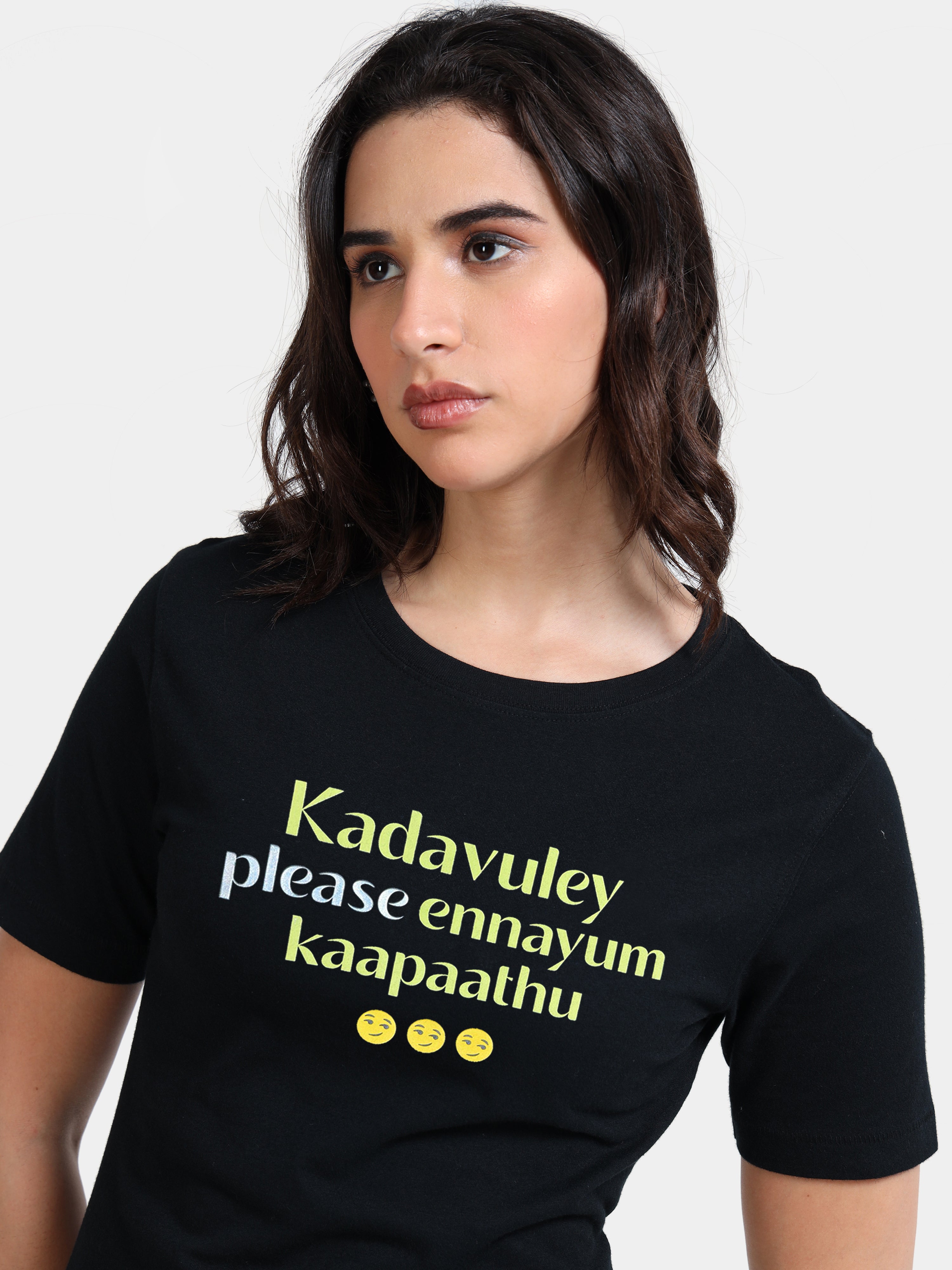 Black Cotton Crew Neck Printed T-Shirt For Women