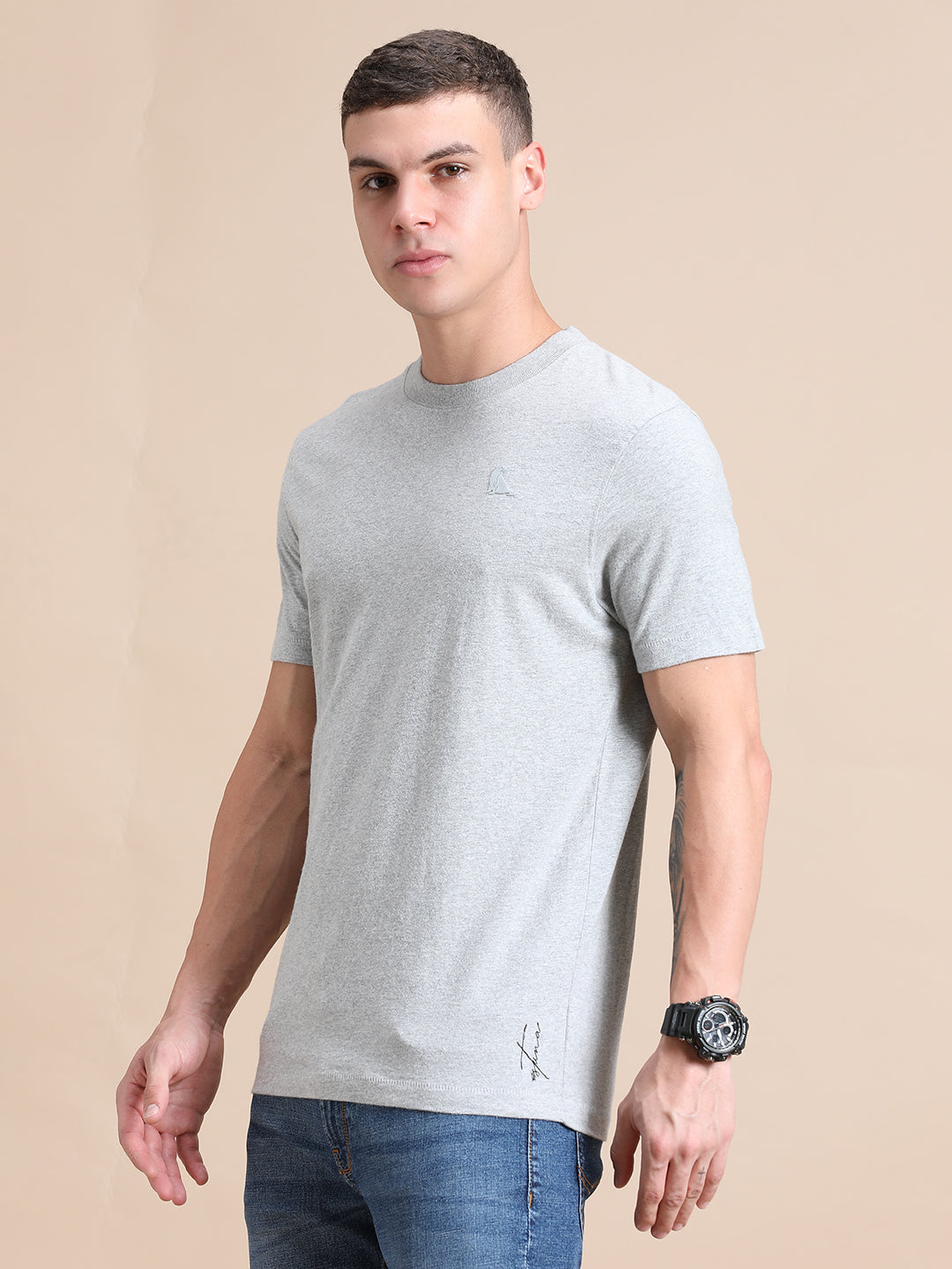 Melange Cotton Crew Neck Logo T-Shirt For Men