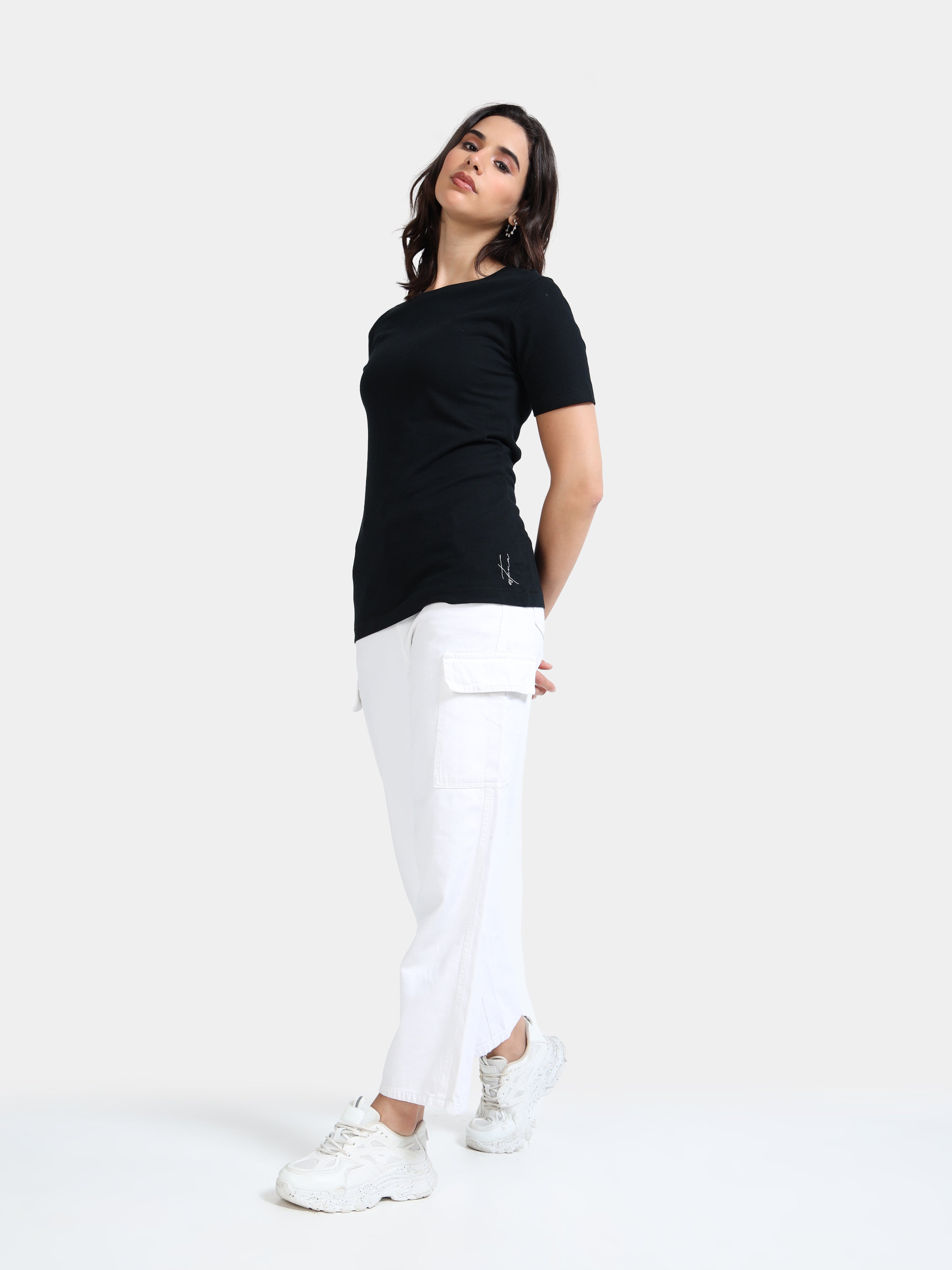 Black Cotton Crew Neck Plain T-Shirt For Women