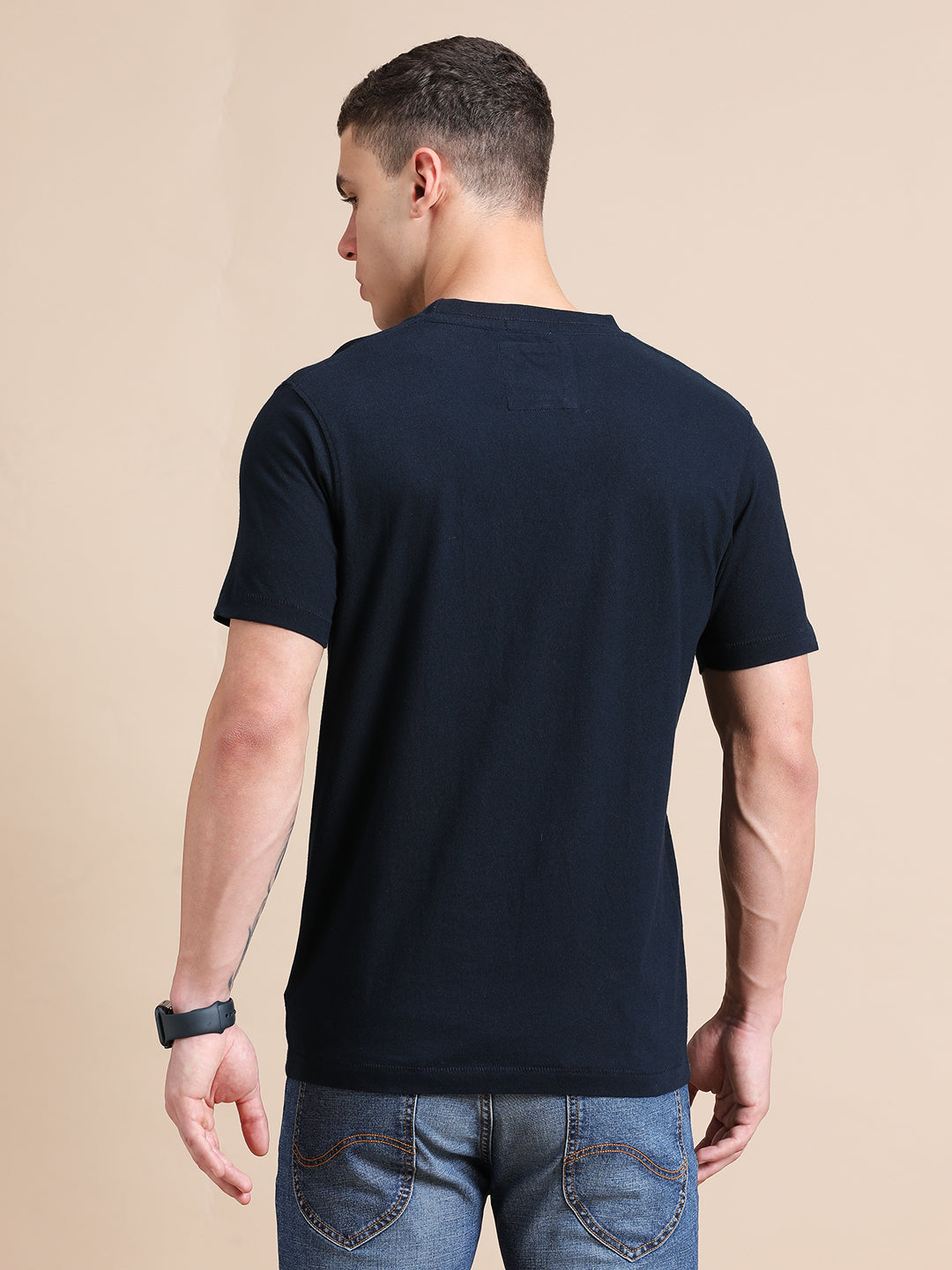 Navy Blue Cotton Crew Neck Printed T-Shirt For Men
