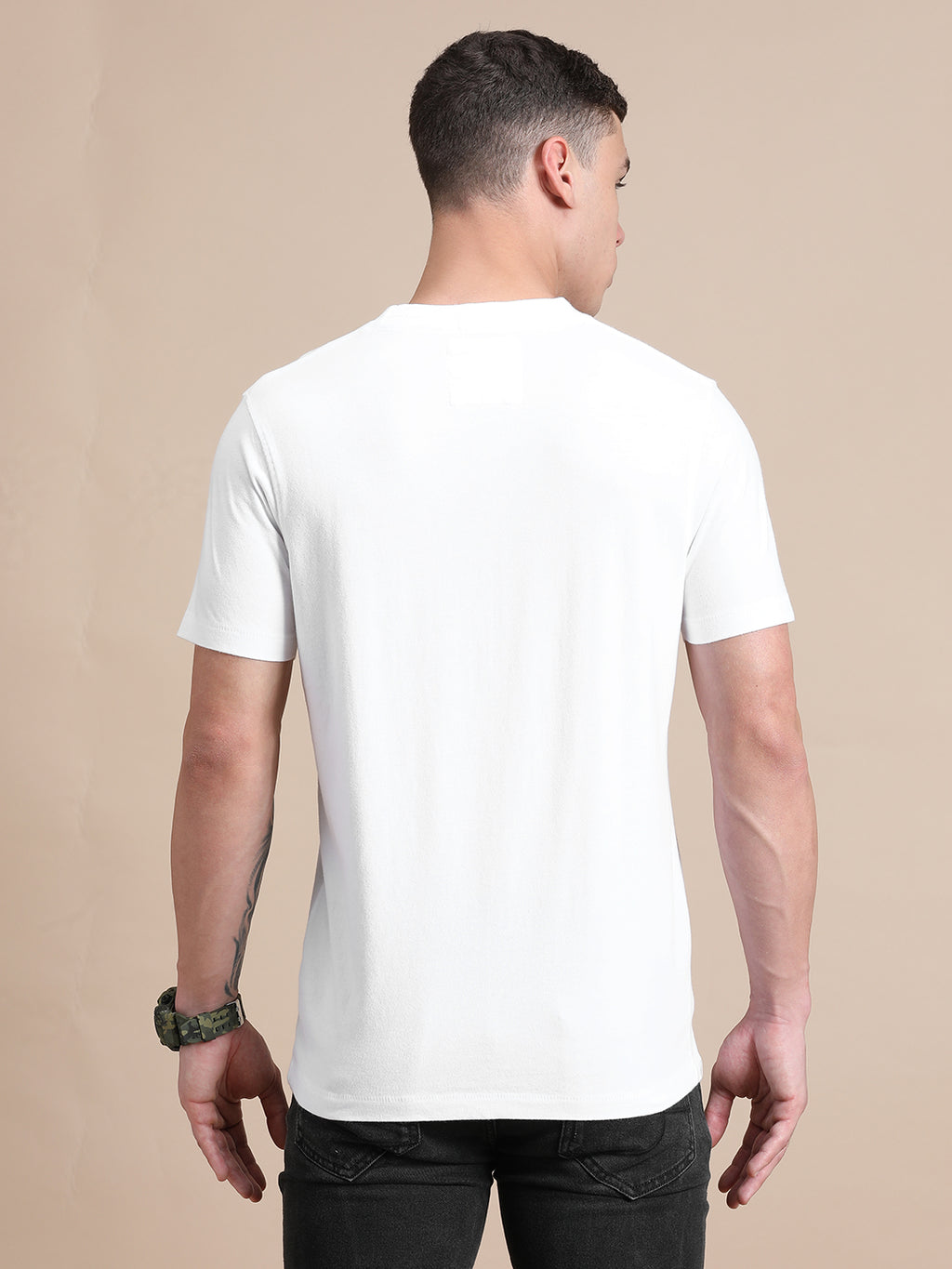 White Cotton Crew Neck Printed T-Shirt For Men