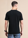 Black Cotton Crew Neck Printed T-Shirt For Men