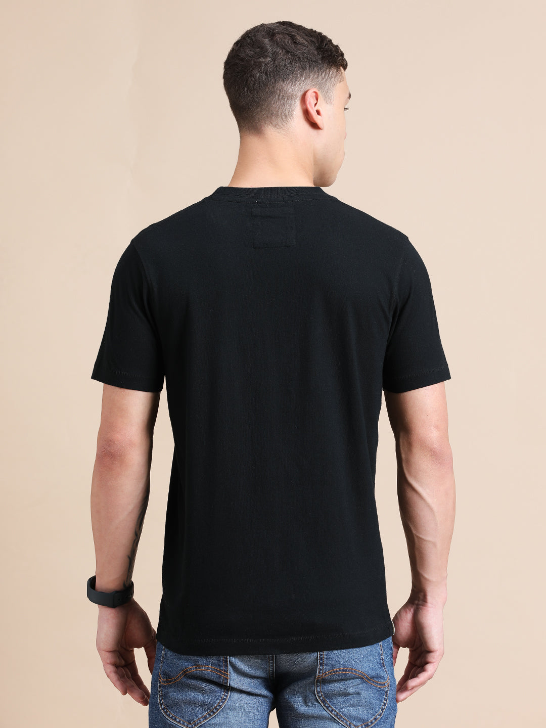 Black Cotton Crew Neck Printed T-Shirt For Men