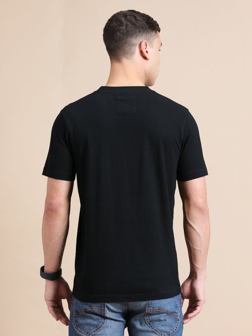Black Cotton Crew Neck Printed T-Shirt For Men