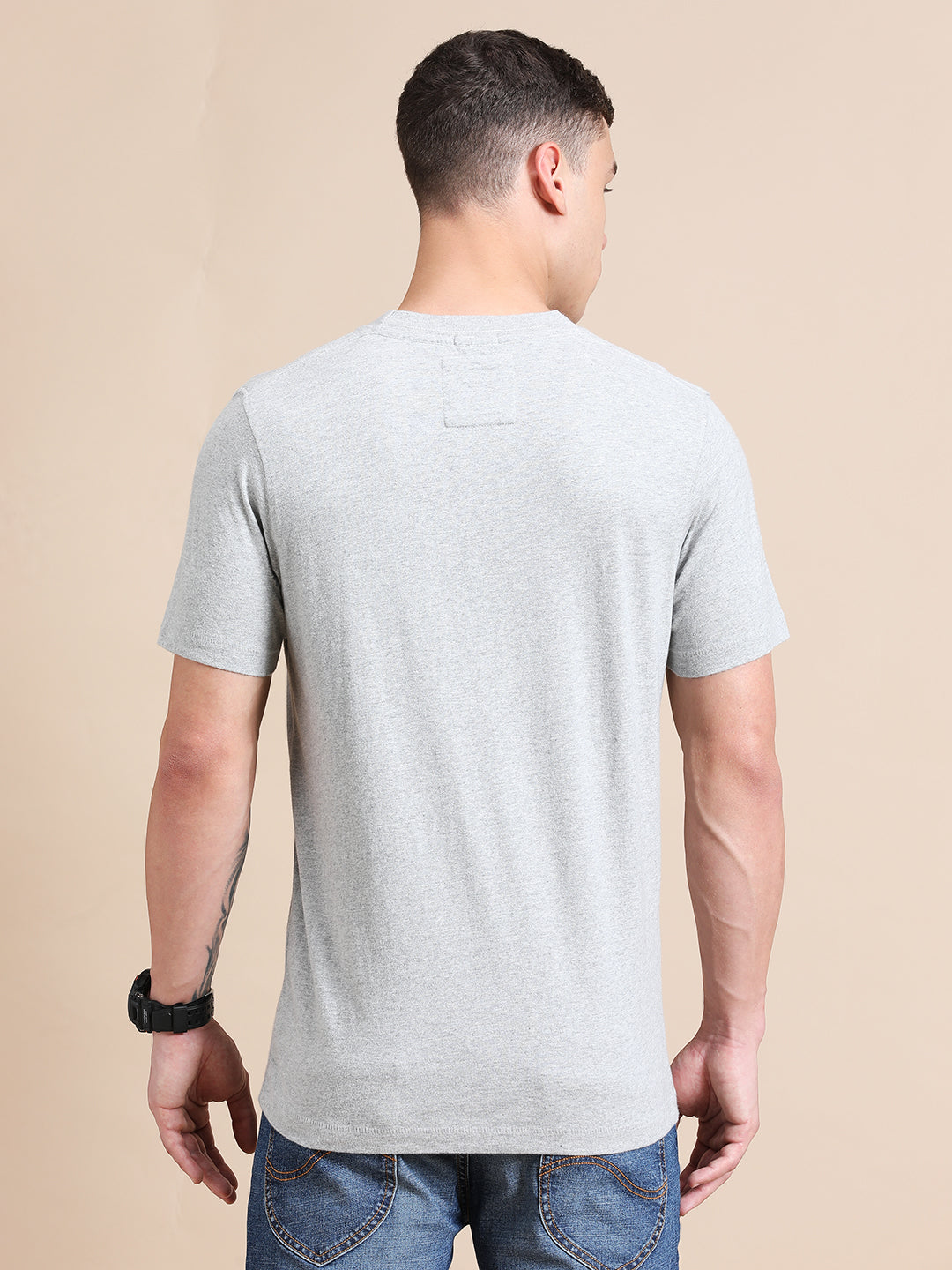 Melange Cotton Crew Neck Logo T-Shirt For Men