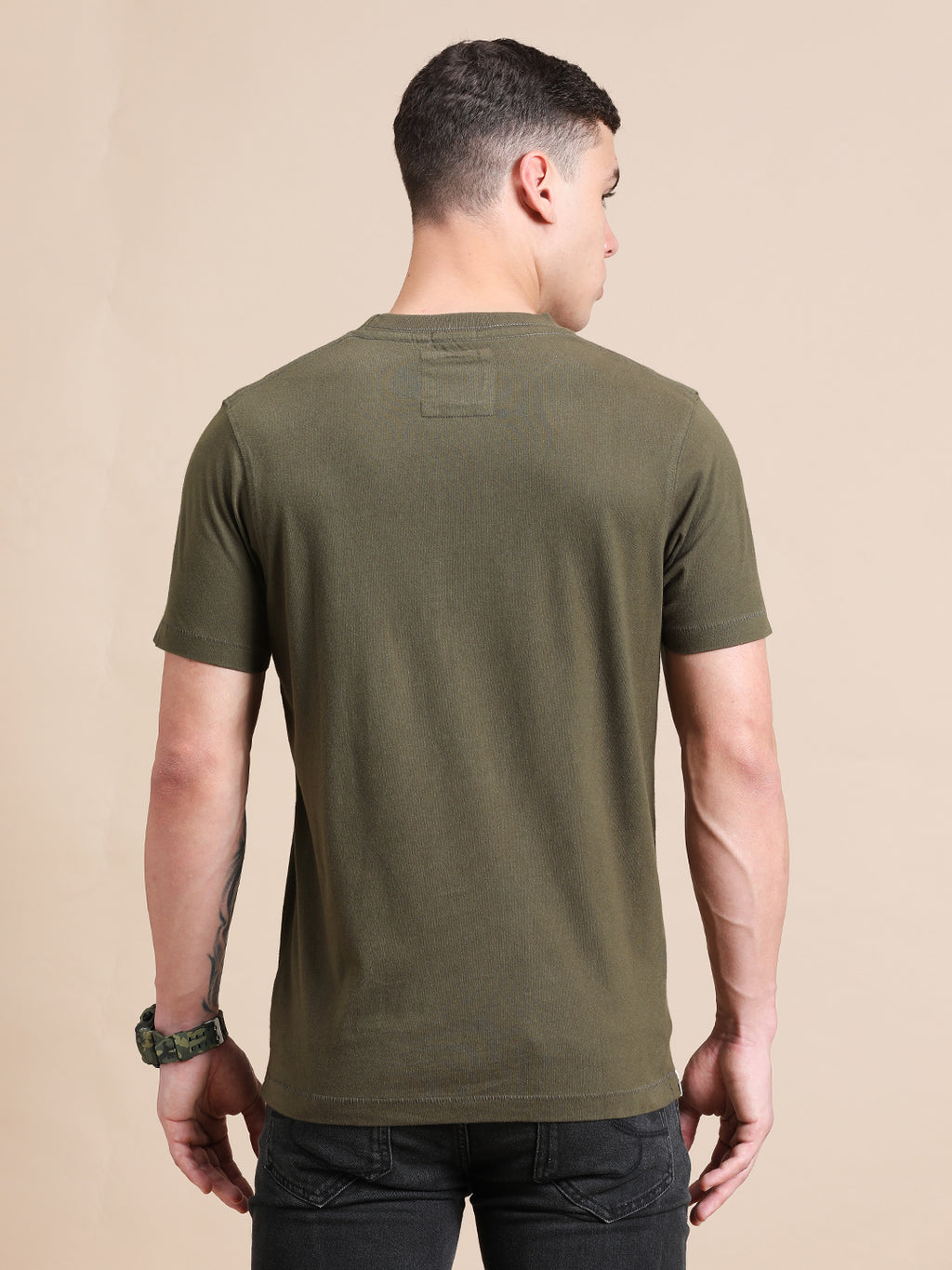 Olive Green Cotton Crew Neck Logo T-Shirt For Men