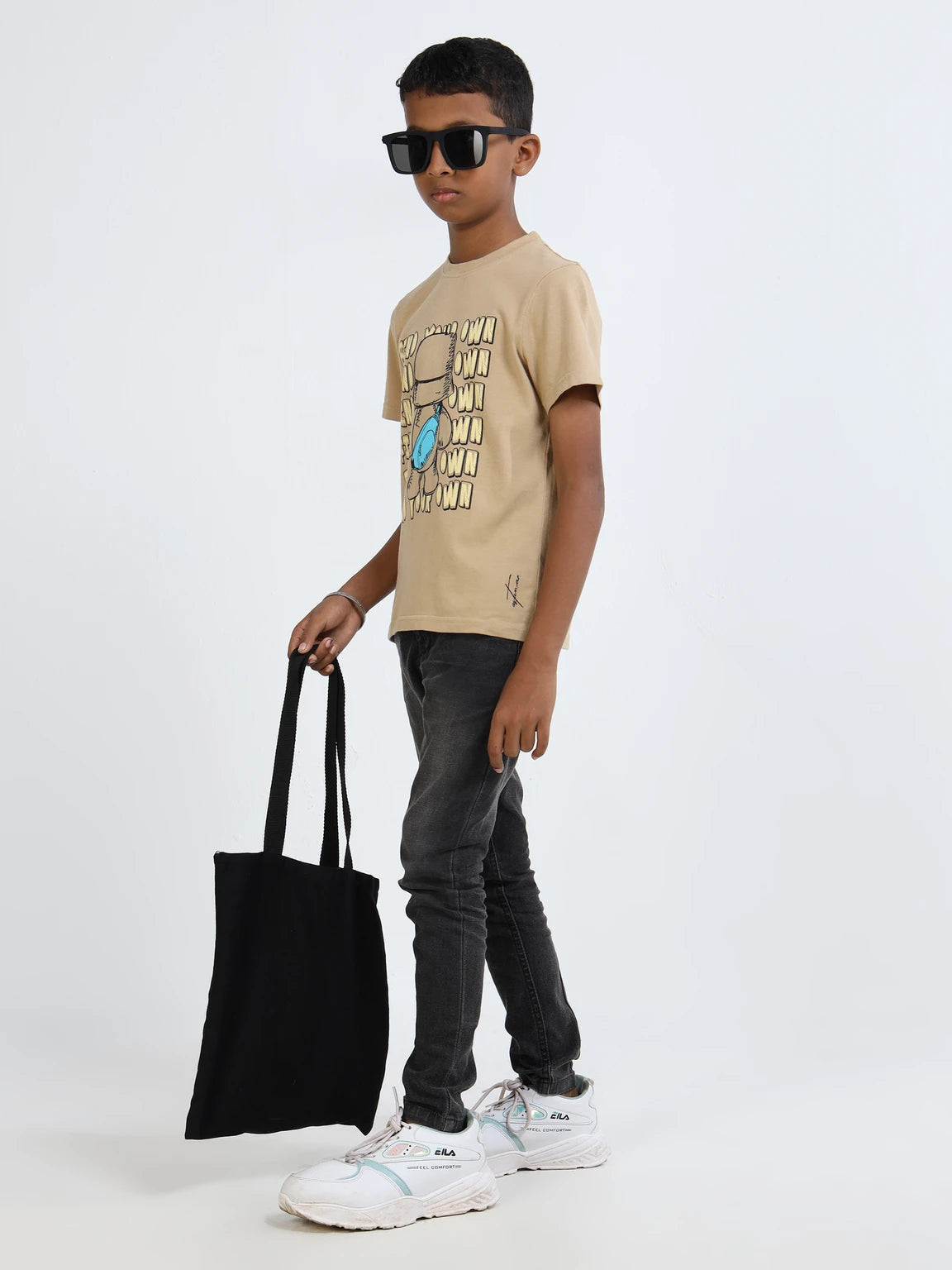 Beige 100% Cotton Crew Neck Boy's T Shirt