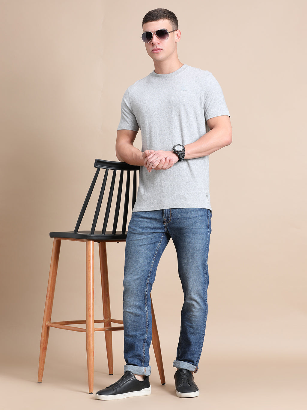 Melange Cotton Crew Neck Logo T-Shirt For Men