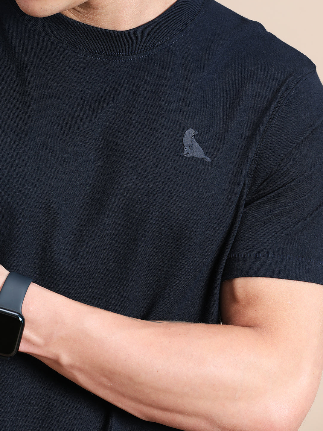 Navy Blue Cotton Crew Neck Logo T-Shirt For Men