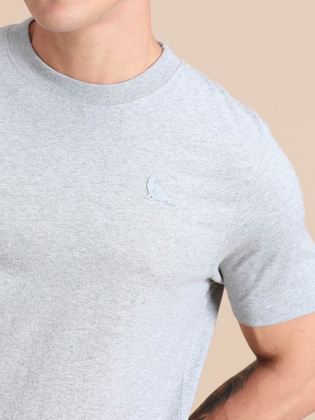 Melange Cotton Crew Neck Logo T-Shirt For Men