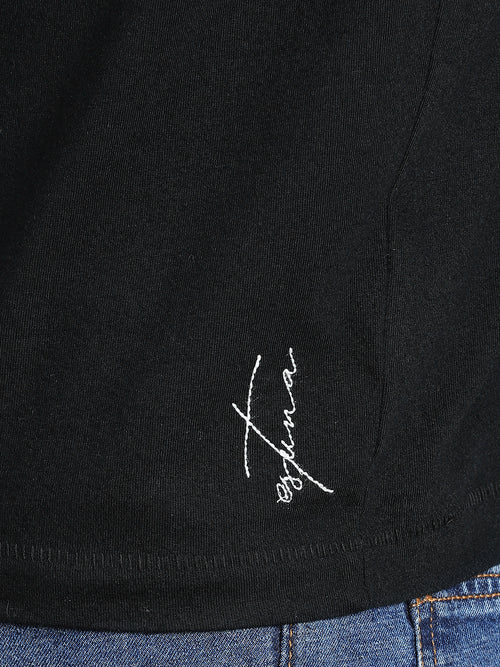 Black Cotton Crew Neck Printed T-Shirt For Men