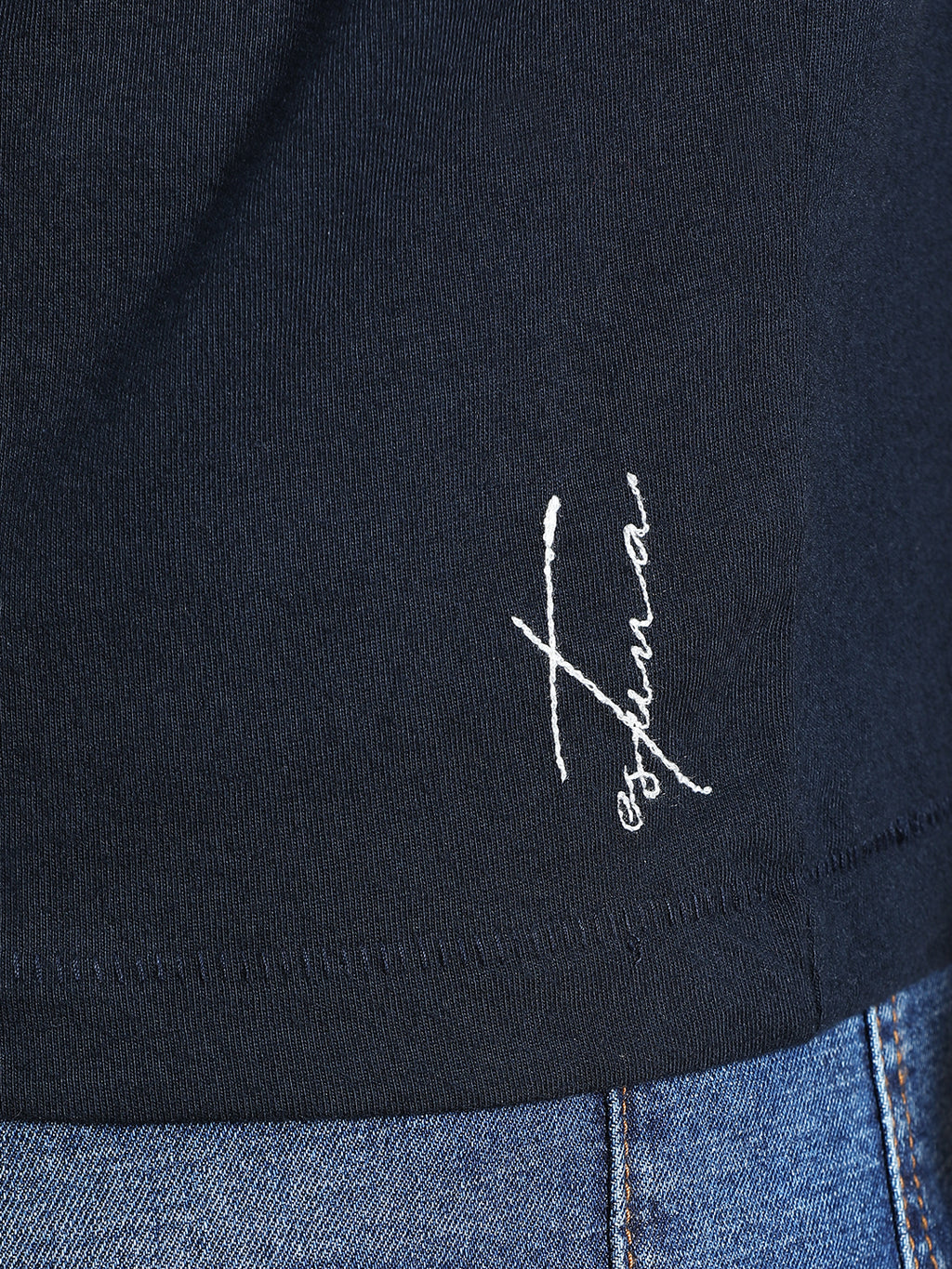Navy Blue Cotton Crew Neck Logo T-Shirt For Men