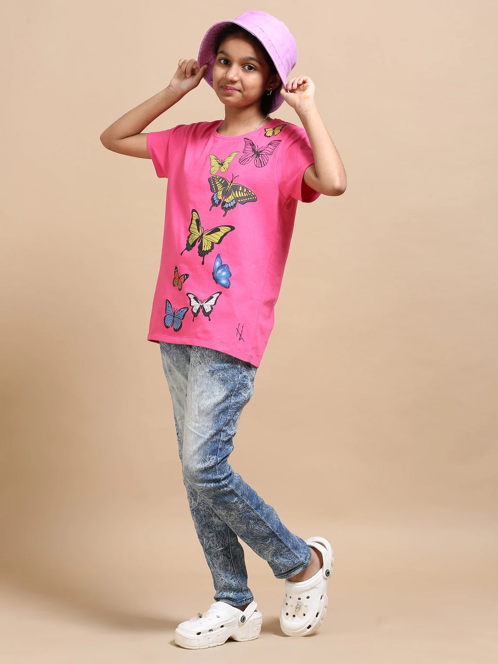 Hot Pink 100% Cotton Crew Neck Girl's T Shirt