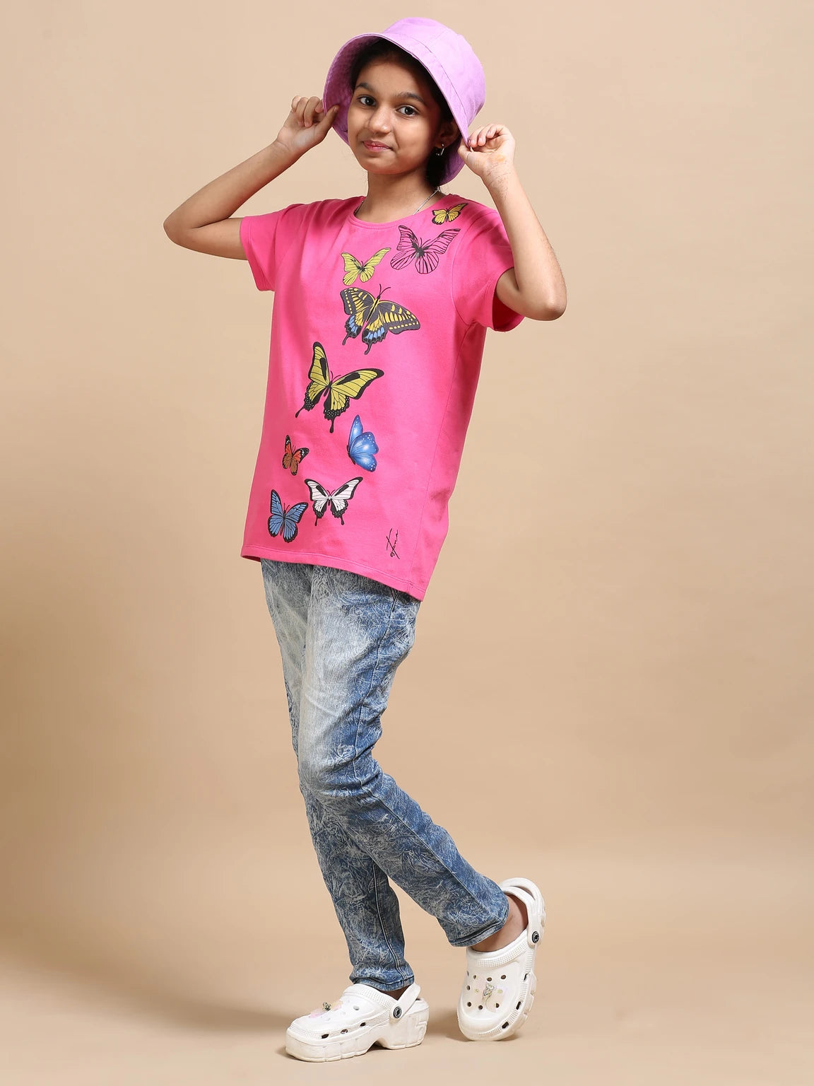 Hot Pink 100% Cotton Crew Neck Girl's T Shirt