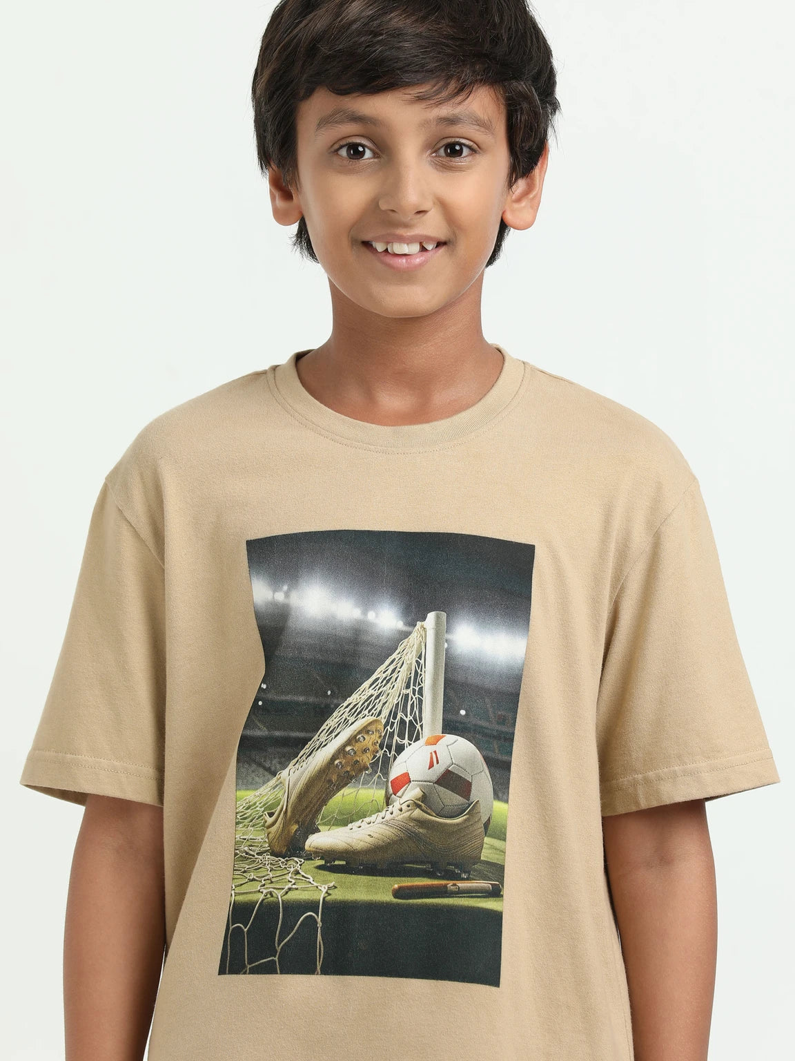 Beige 100% Cotton Crew Neck Boy's T Shirt