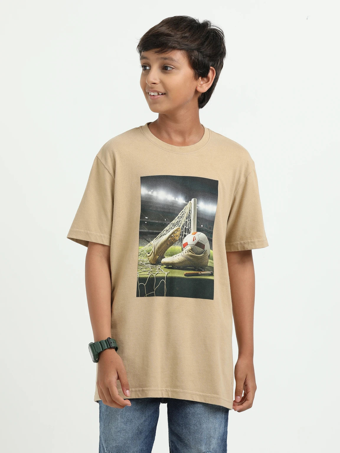 Beige 100% Cotton Crew Neck Boy's T Shirt