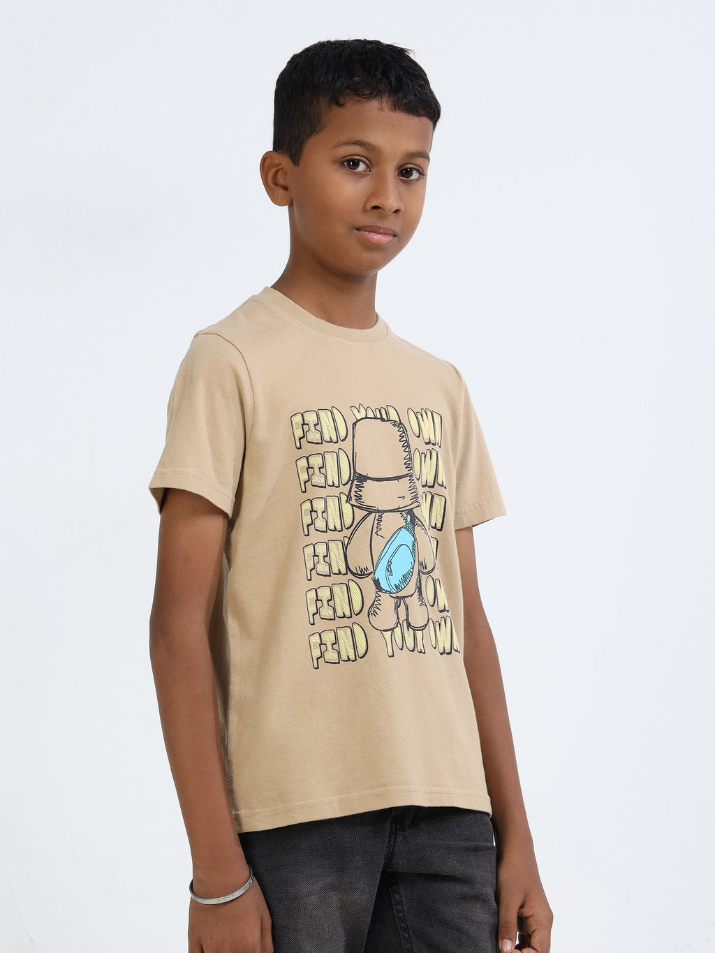 Beige 100% Cotton Crew Neck Boy's T Shirt