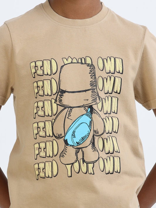 Beige 100% Cotton Crew Neck Boy's T Shirt