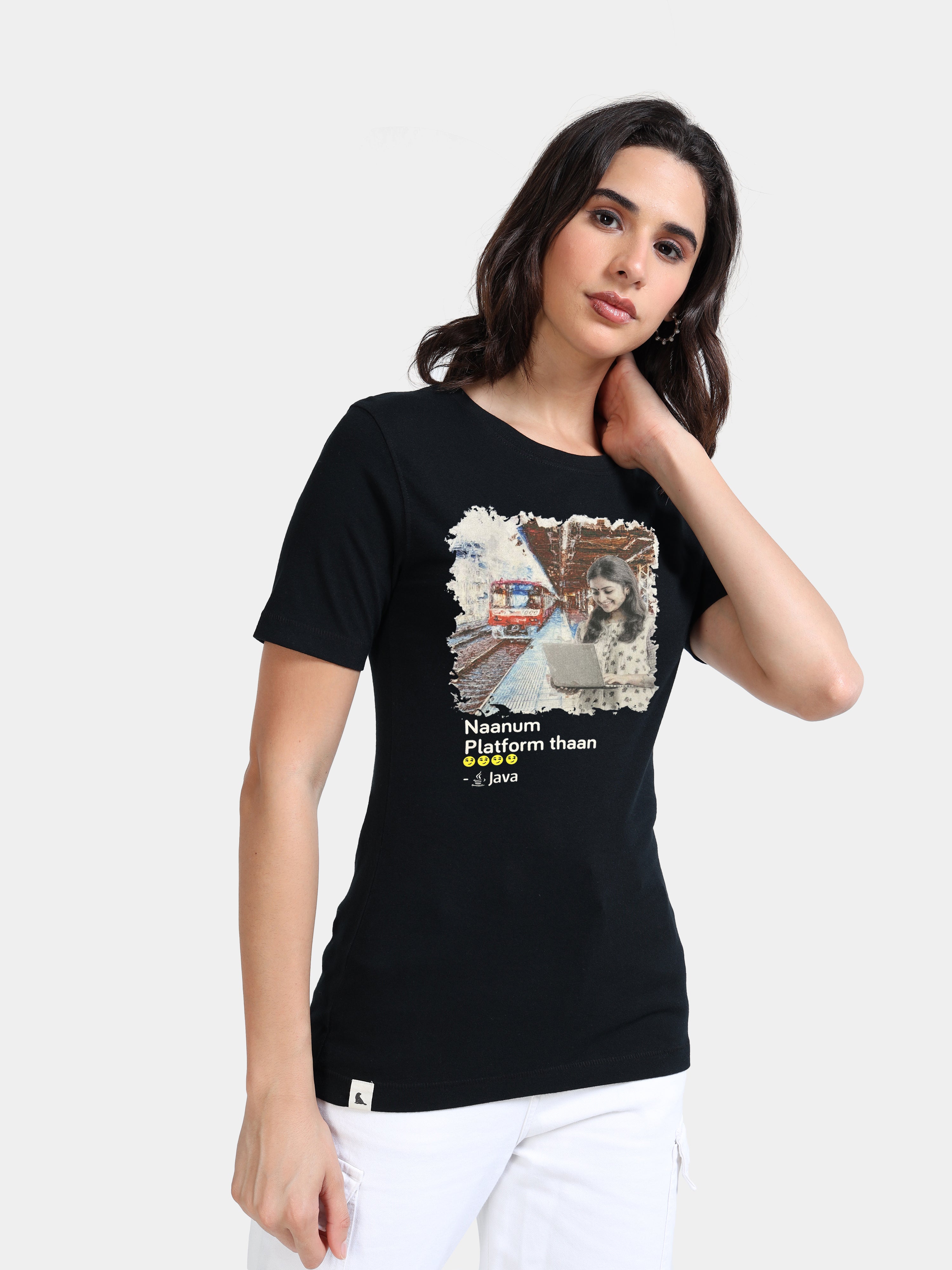 Black Cotton Crew Neck Printed T-Shirt For Women