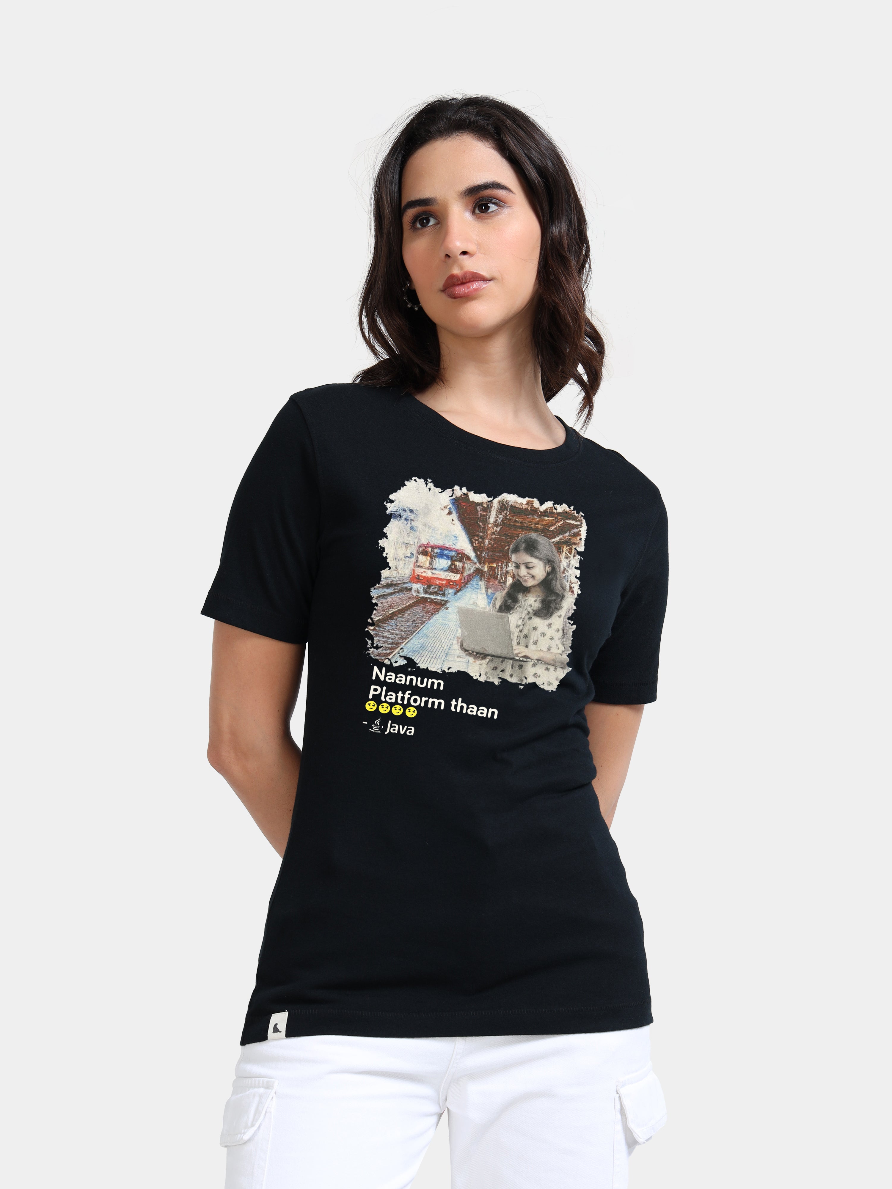 Black Cotton Crew Neck Printed T-Shirt For Women