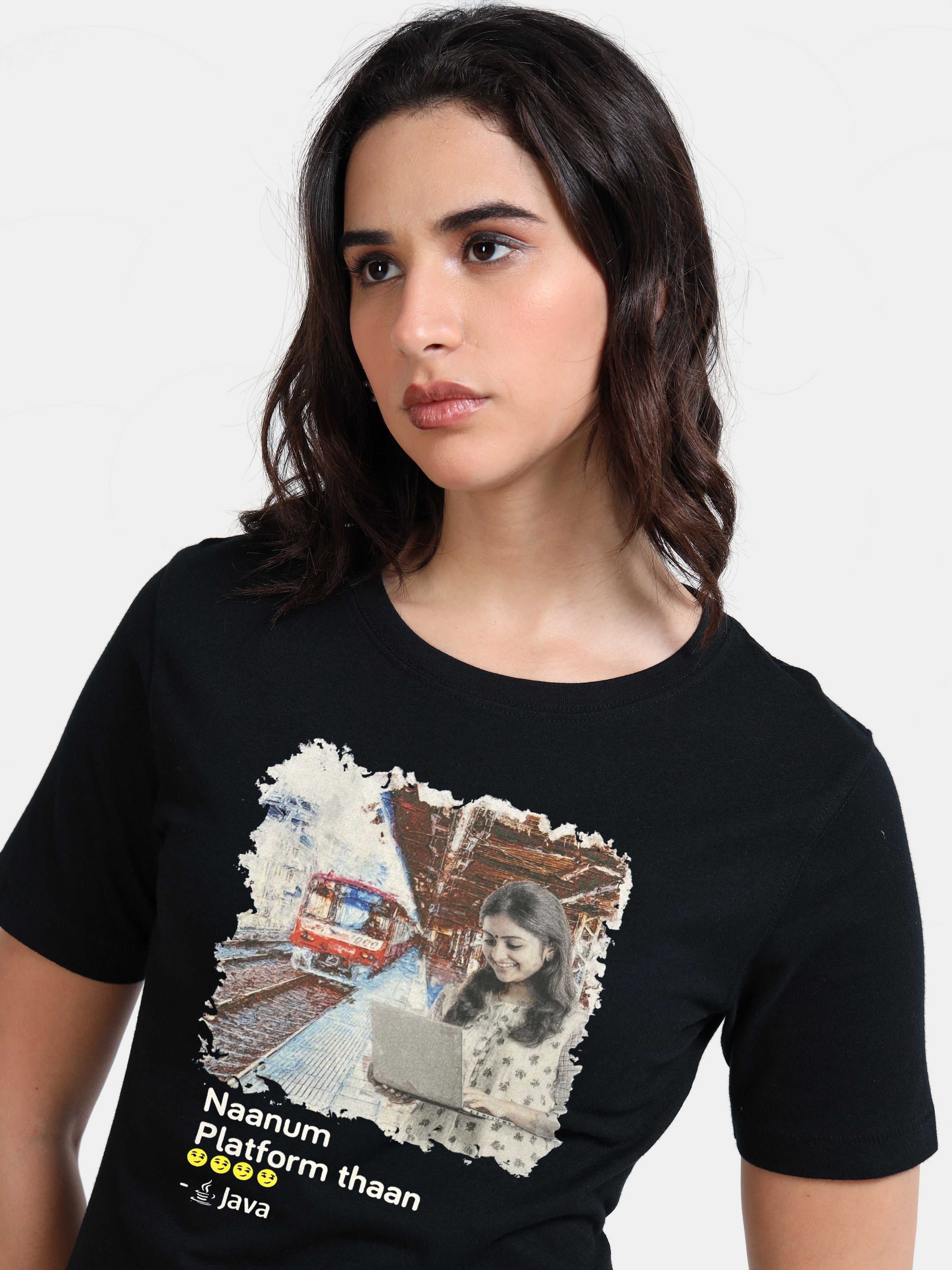 Black Cotton Crew Neck Printed T-Shirt For Women