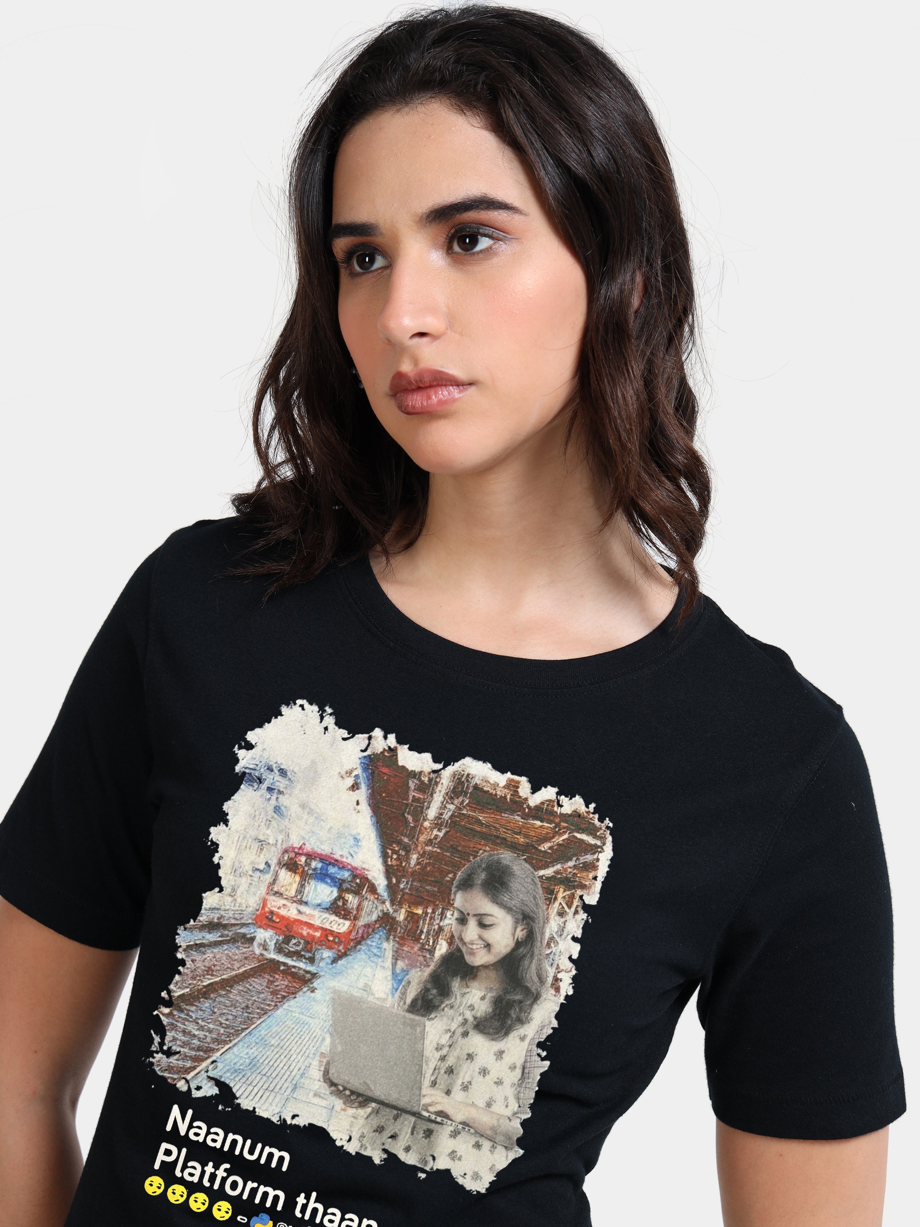 Black Cotton Crew Neck Printed T-Shirt For Women