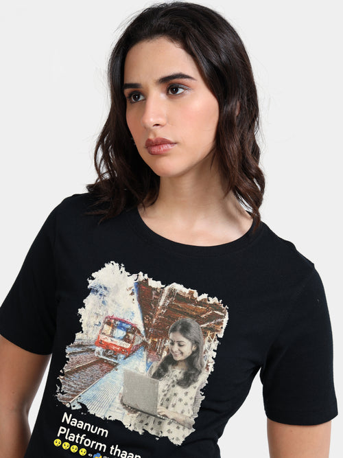 Black Cotton Crew Neck Printed T-Shirt For Women