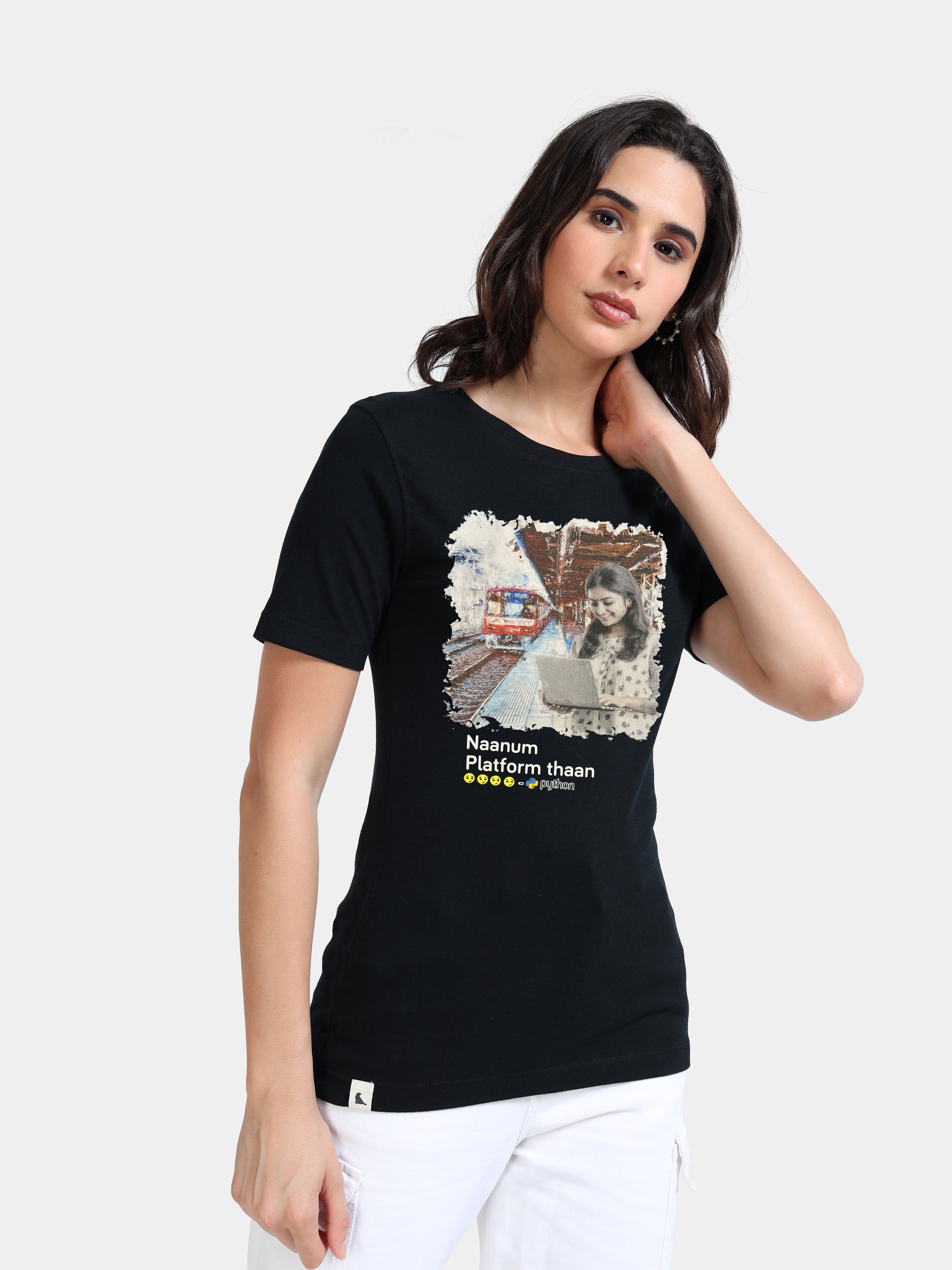 Black Cotton Crew Neck Printed T-Shirt For Women