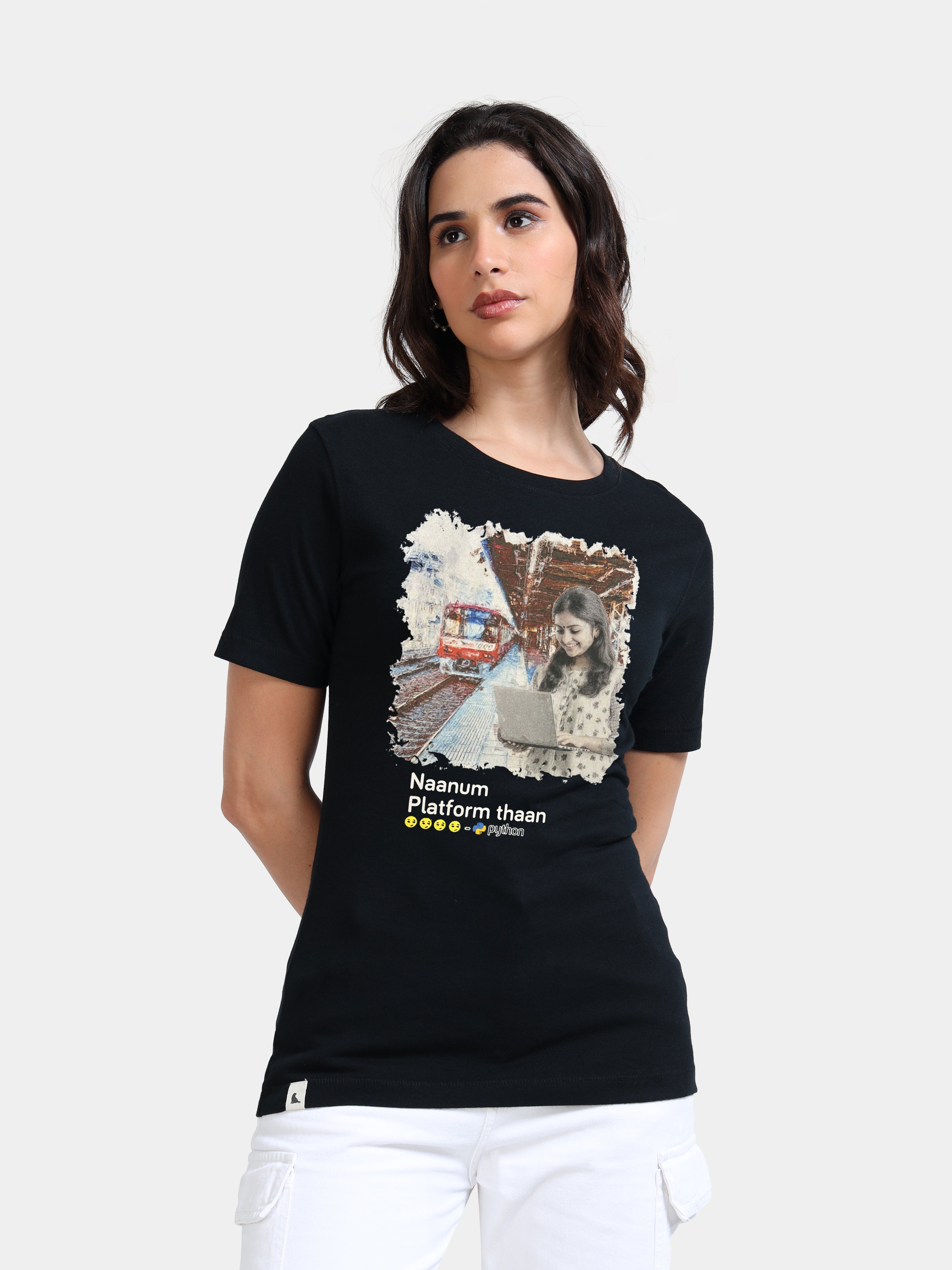 Black Cotton Crew Neck Printed T-Shirt For Women