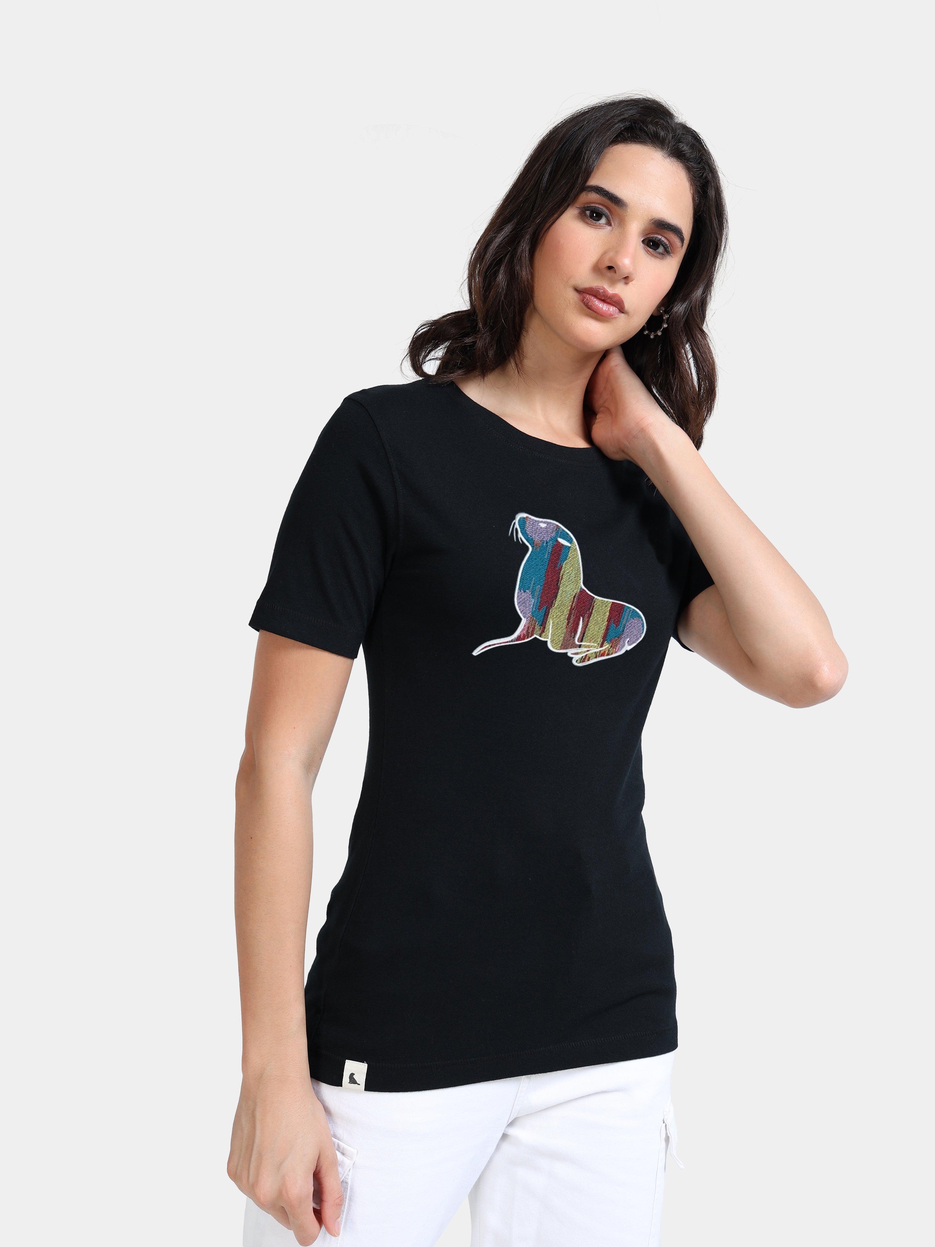 Black Cotton Crew Neck Printed T-Shirt For Women