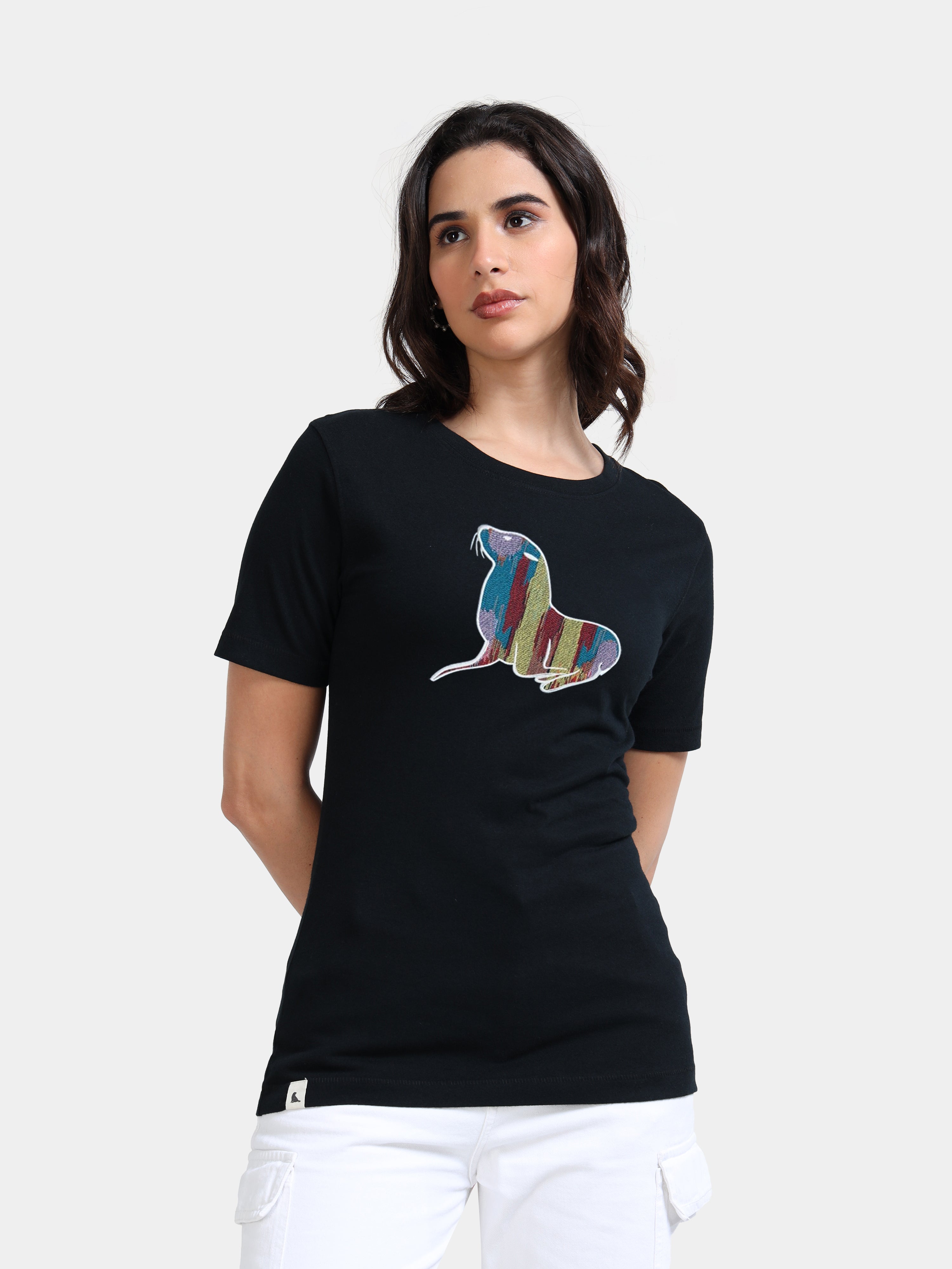 Black Cotton Crew Neck Printed T-Shirt For Women