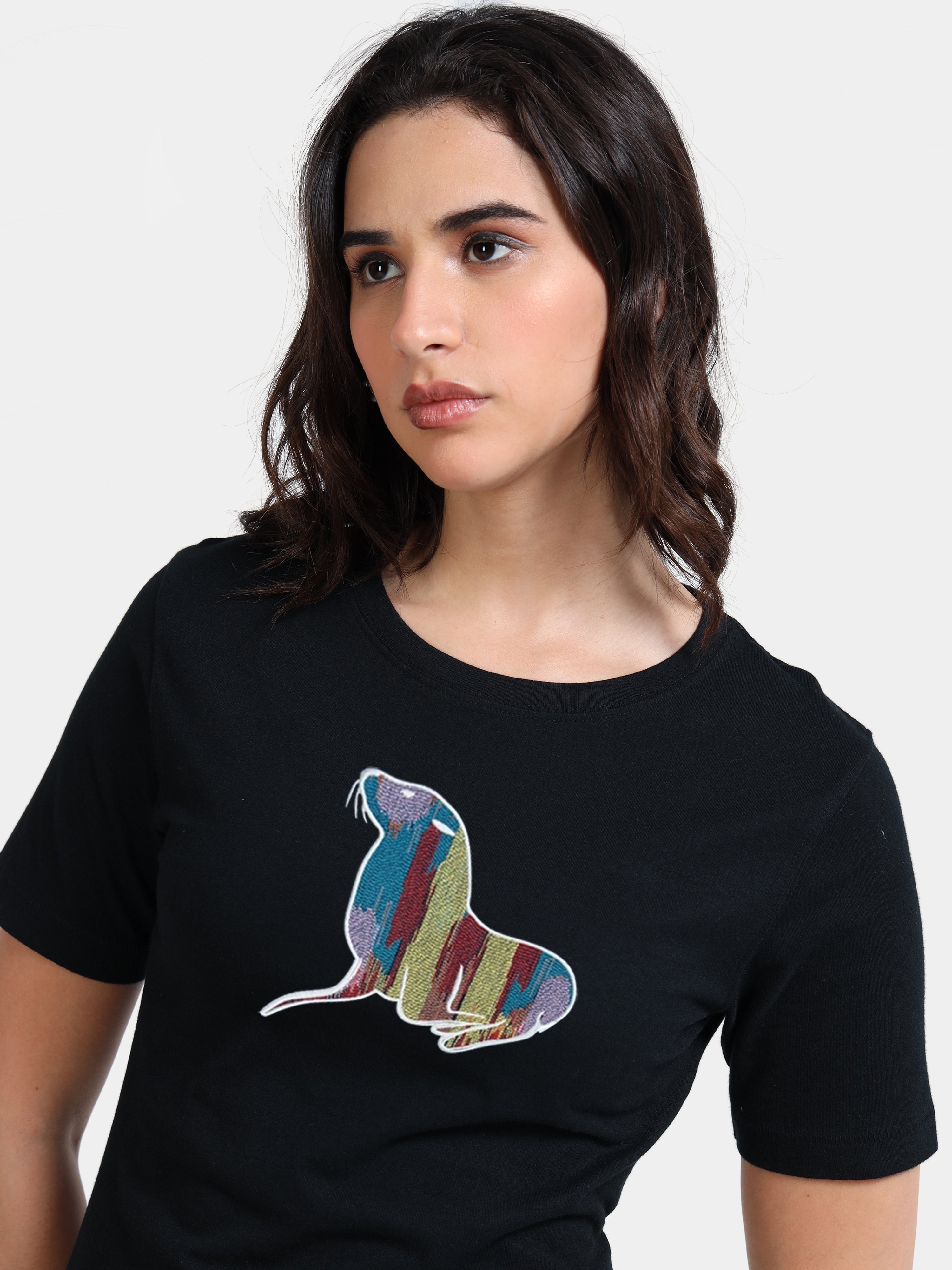 Black Cotton Crew Neck Printed T-Shirt For Women