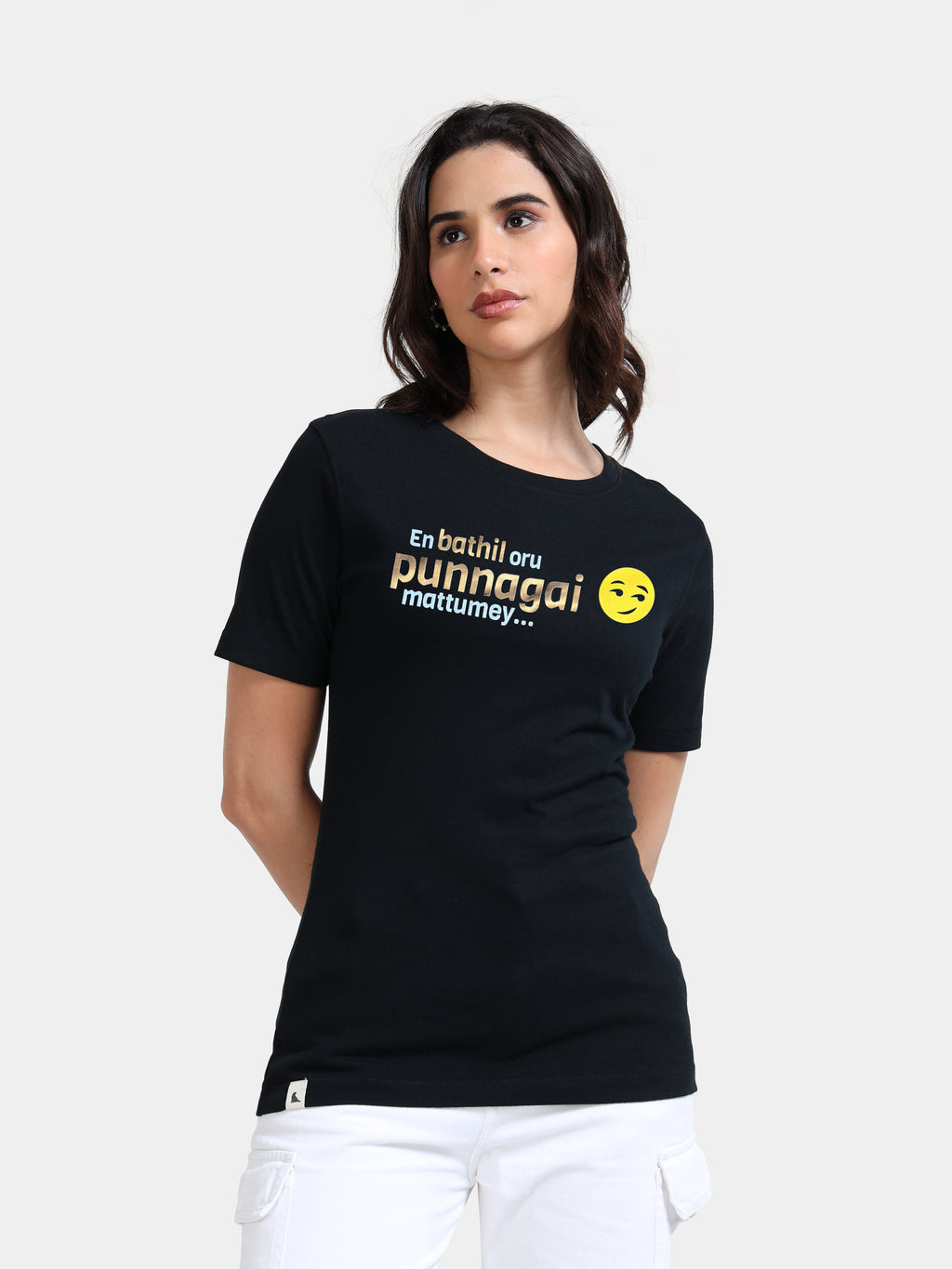Black Cotton Crew Neck Printed T-Shirt For Women