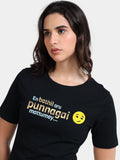 Black Cotton Crew Neck Printed T-Shirt For Women