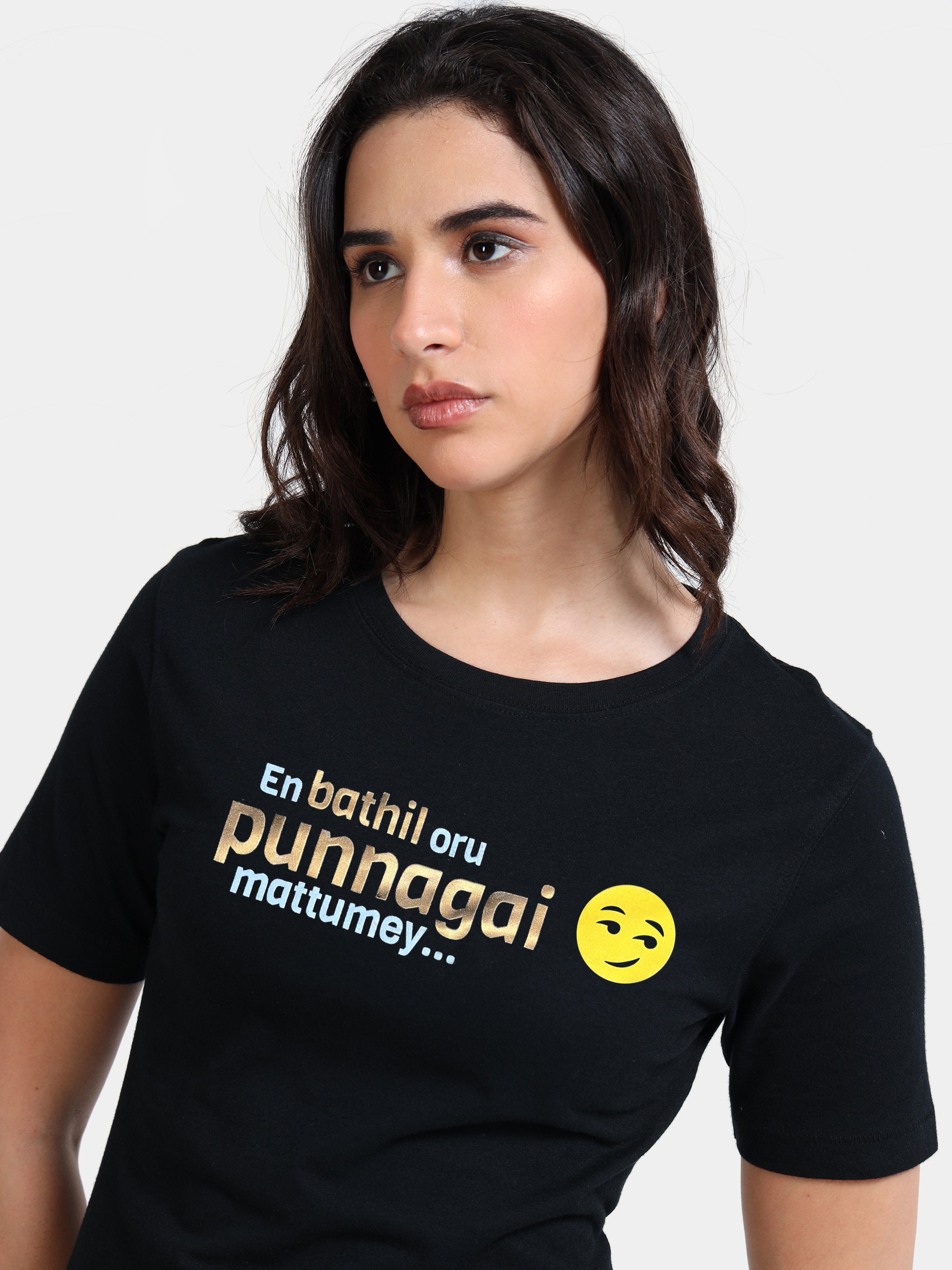 Black Cotton Crew Neck Printed T-Shirt For Women
