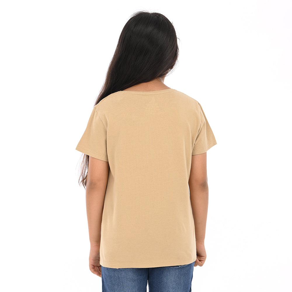Beige 100% Cotton Crew Neck Girl's T Shirt
