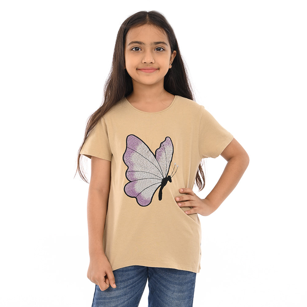 Beige 100% Cotton Crew Neck Girl's T Shirt